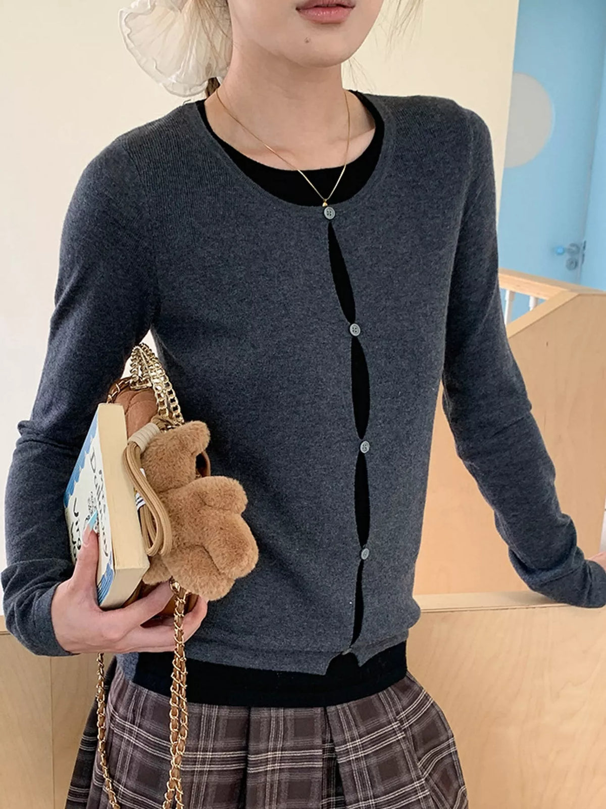 Layered knit top, gray front