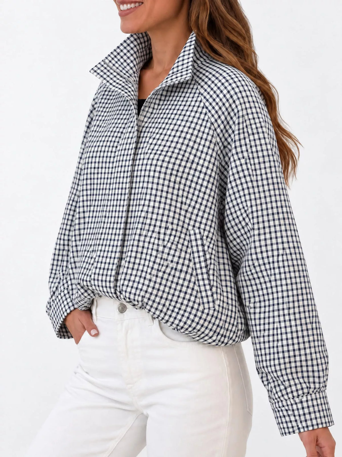 Navy Plaid plaid stand-collar cropped jacket