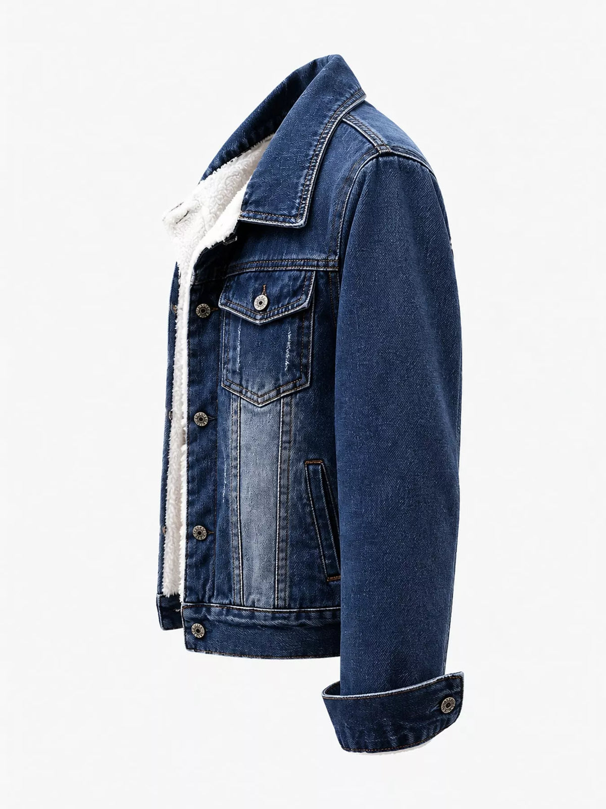 Medium blue distressed denim jacket with sherpa fleece lining