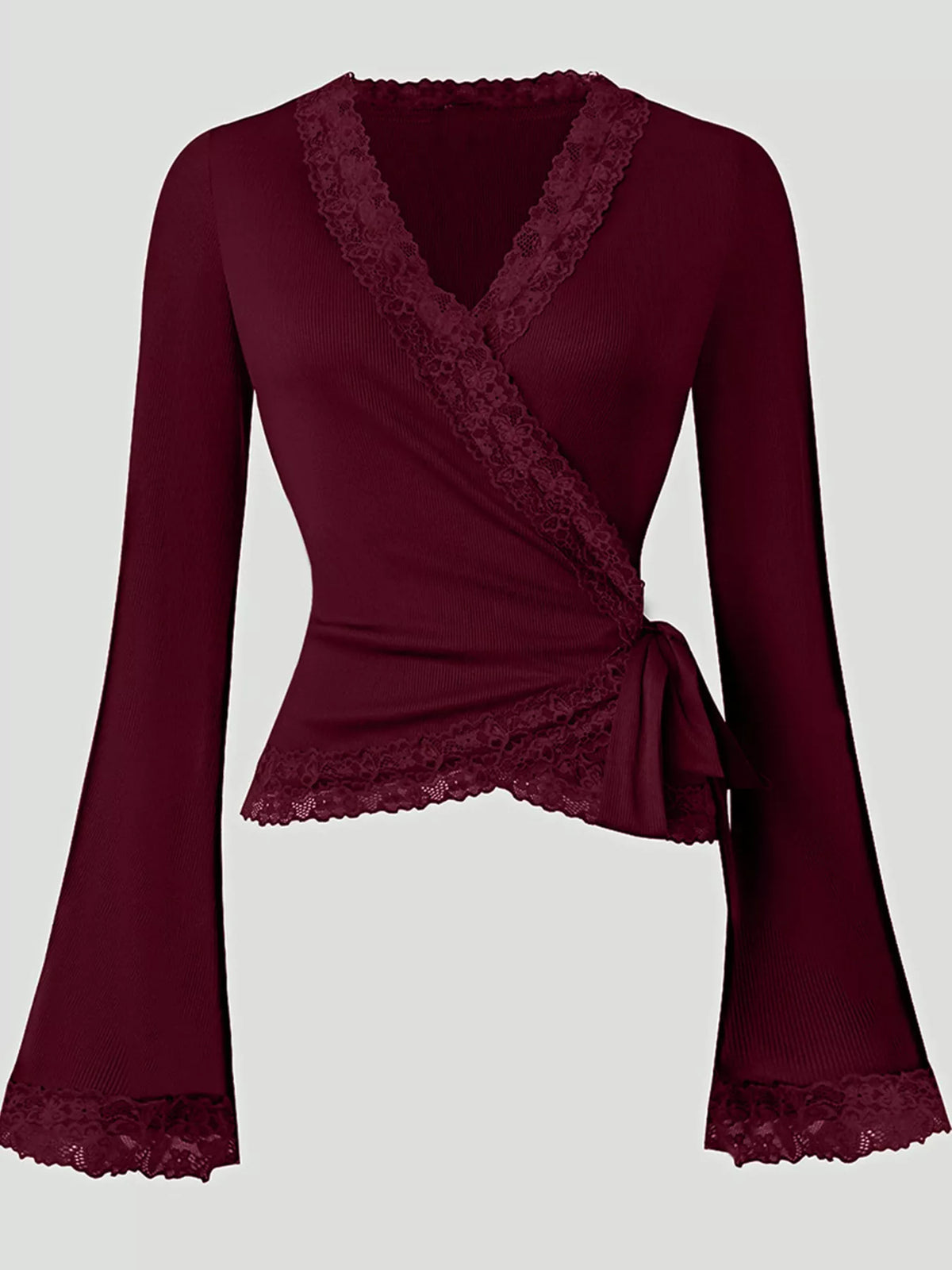 Women's Lace Trim Flare Sleeve Blouse in burgundy — flat lay view