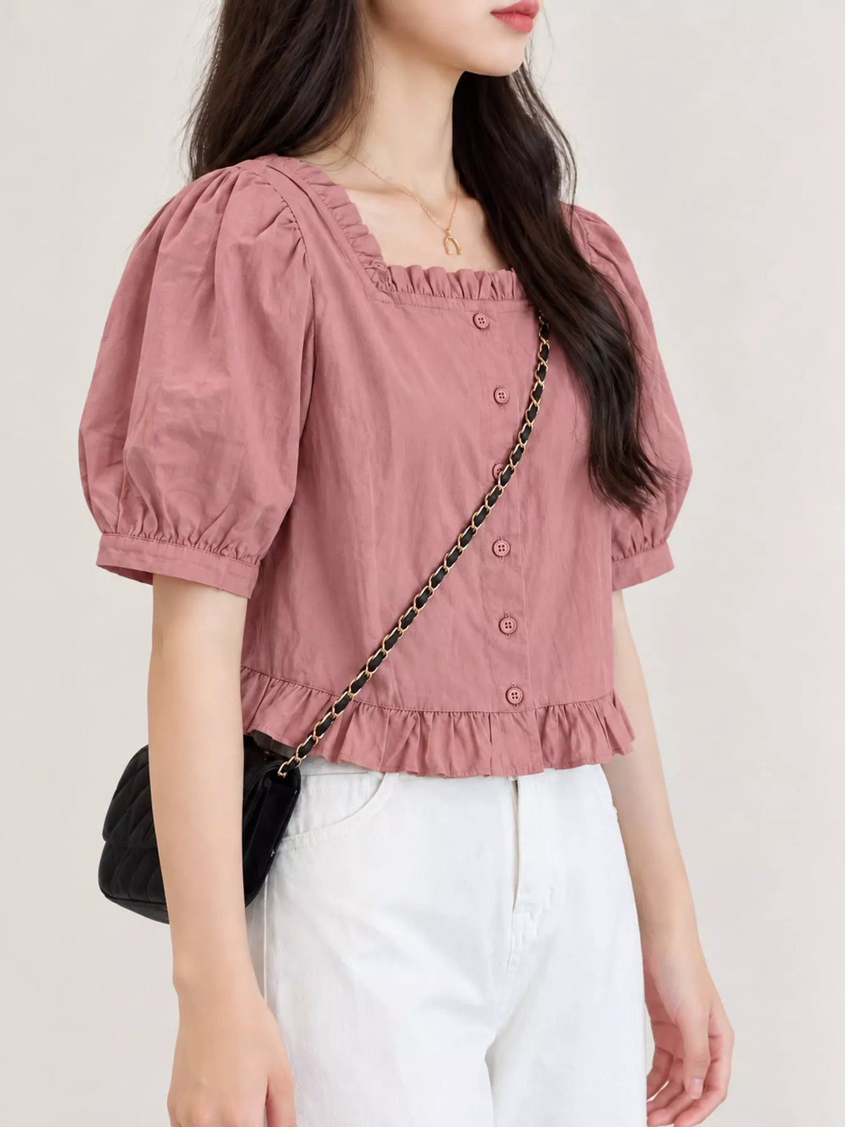 Ruffled Hem Button-Down Shirt — side view