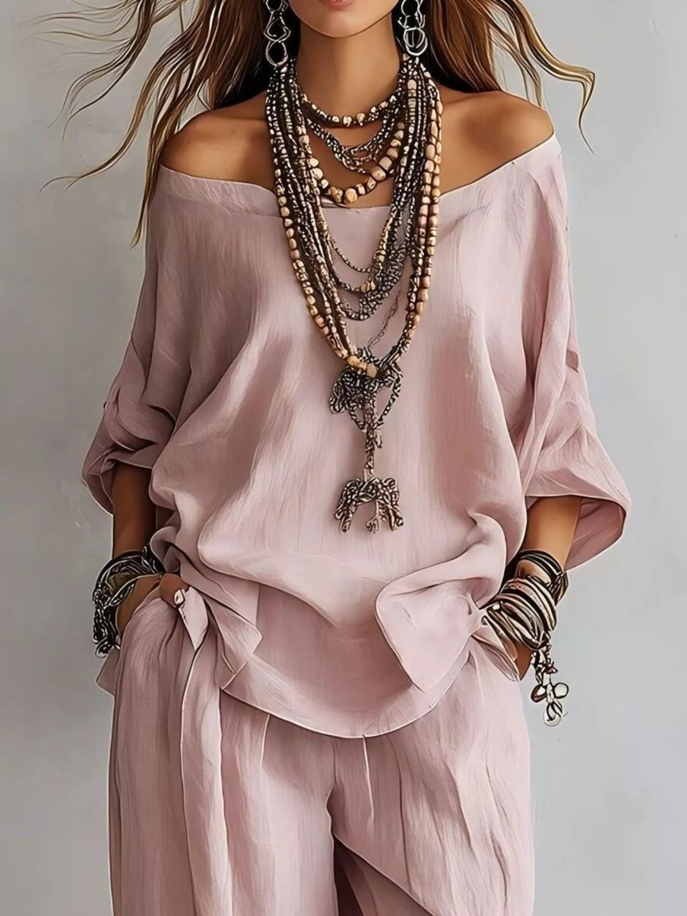 Trendsi Off-Shoulder Loose Fit Top and Pants Two-Piece Set -