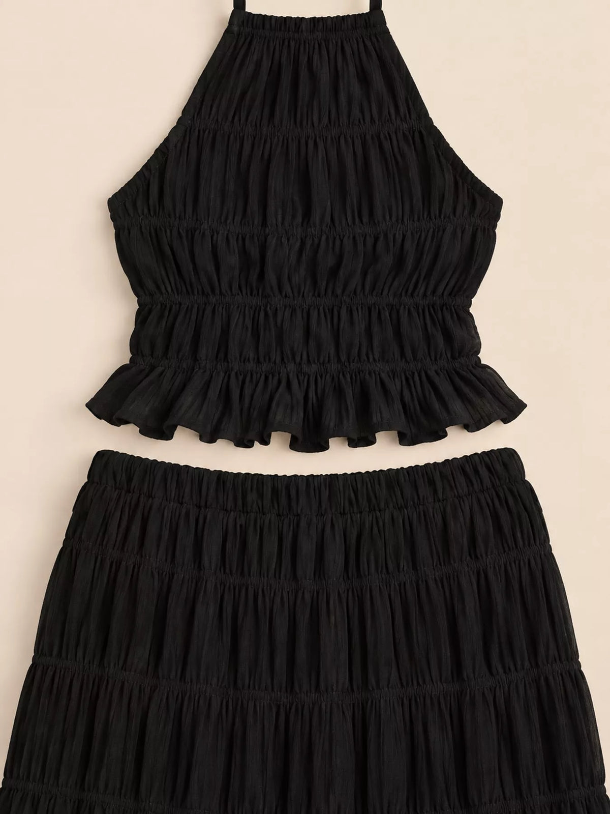 Halter top and skirt set, black ruffle waist detail