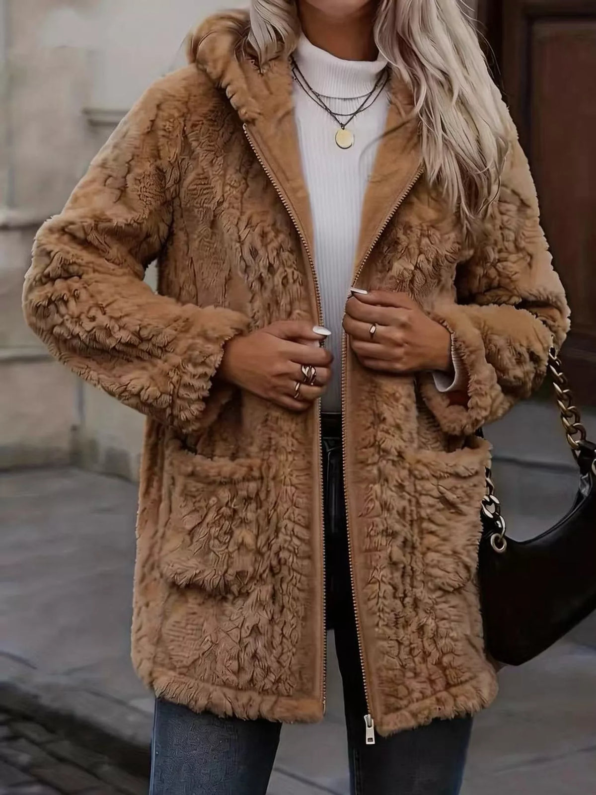 Dark Brown faux fur hooded zip-up jacket