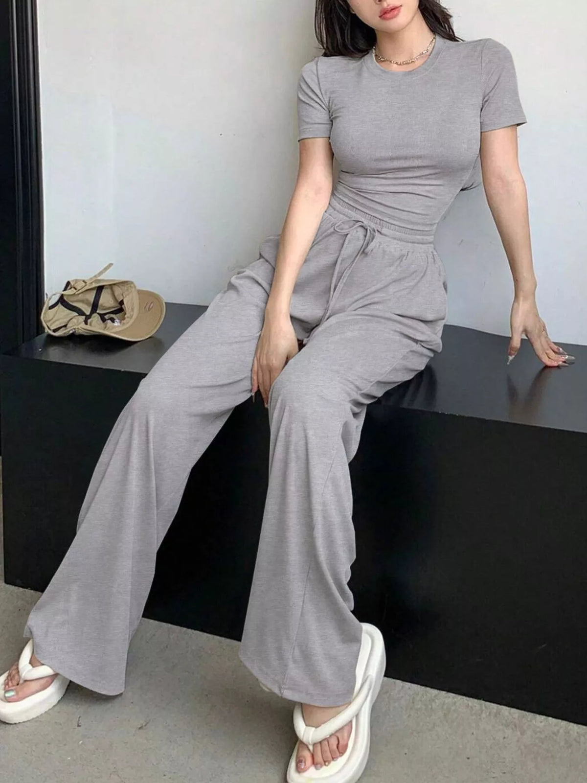 Trendsi Solid Color Short Sleeve Crop Top and Wide Leg Pants Set -