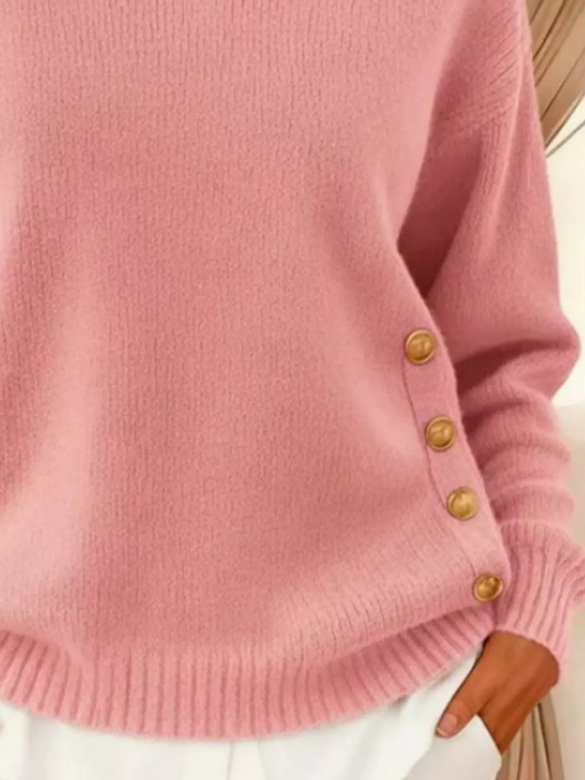 Women's Decorative Button Dropped Shoulder Sweater in Pink, back view