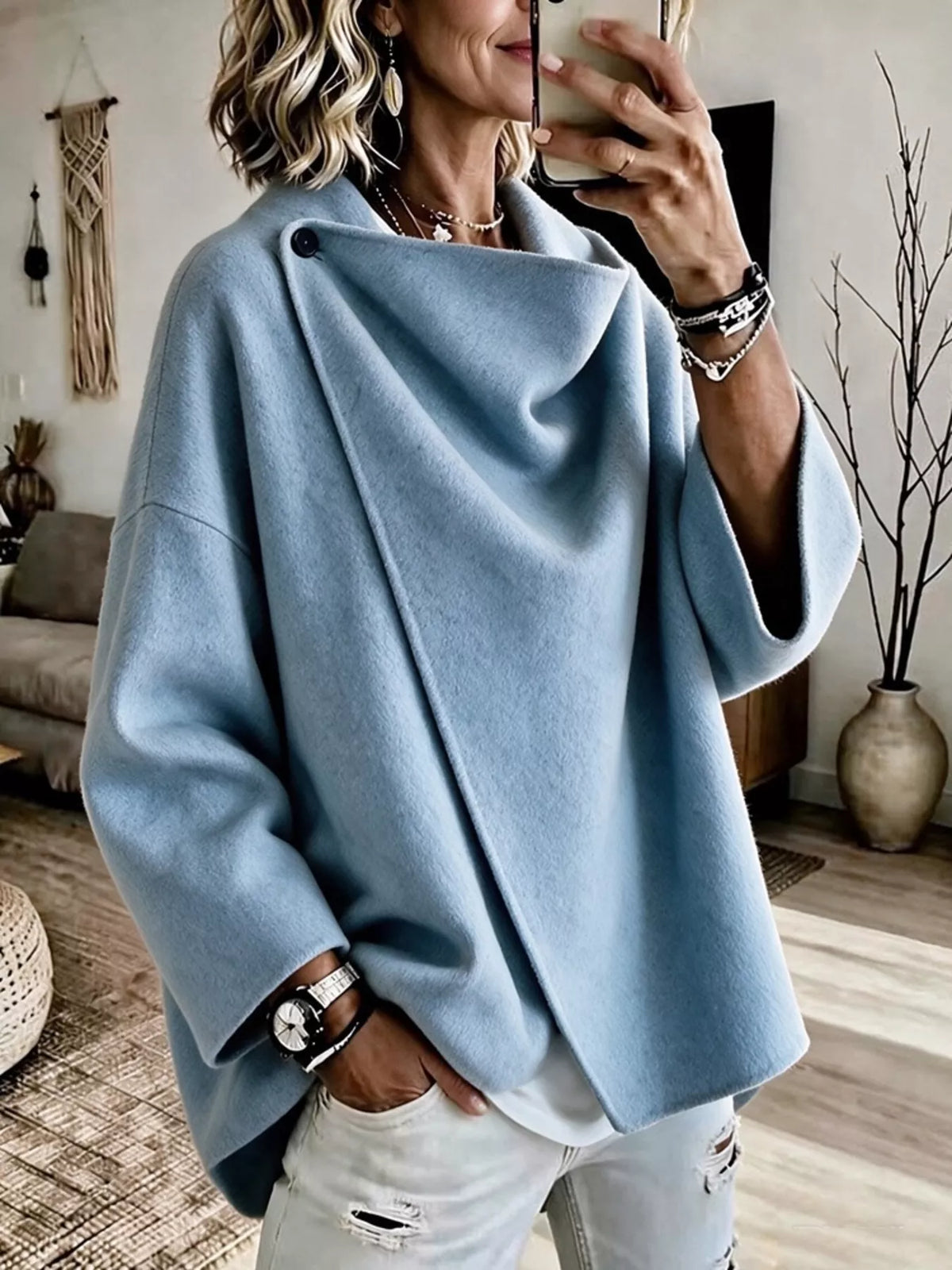 Blue asymmetric cowl neck cape-style jacket