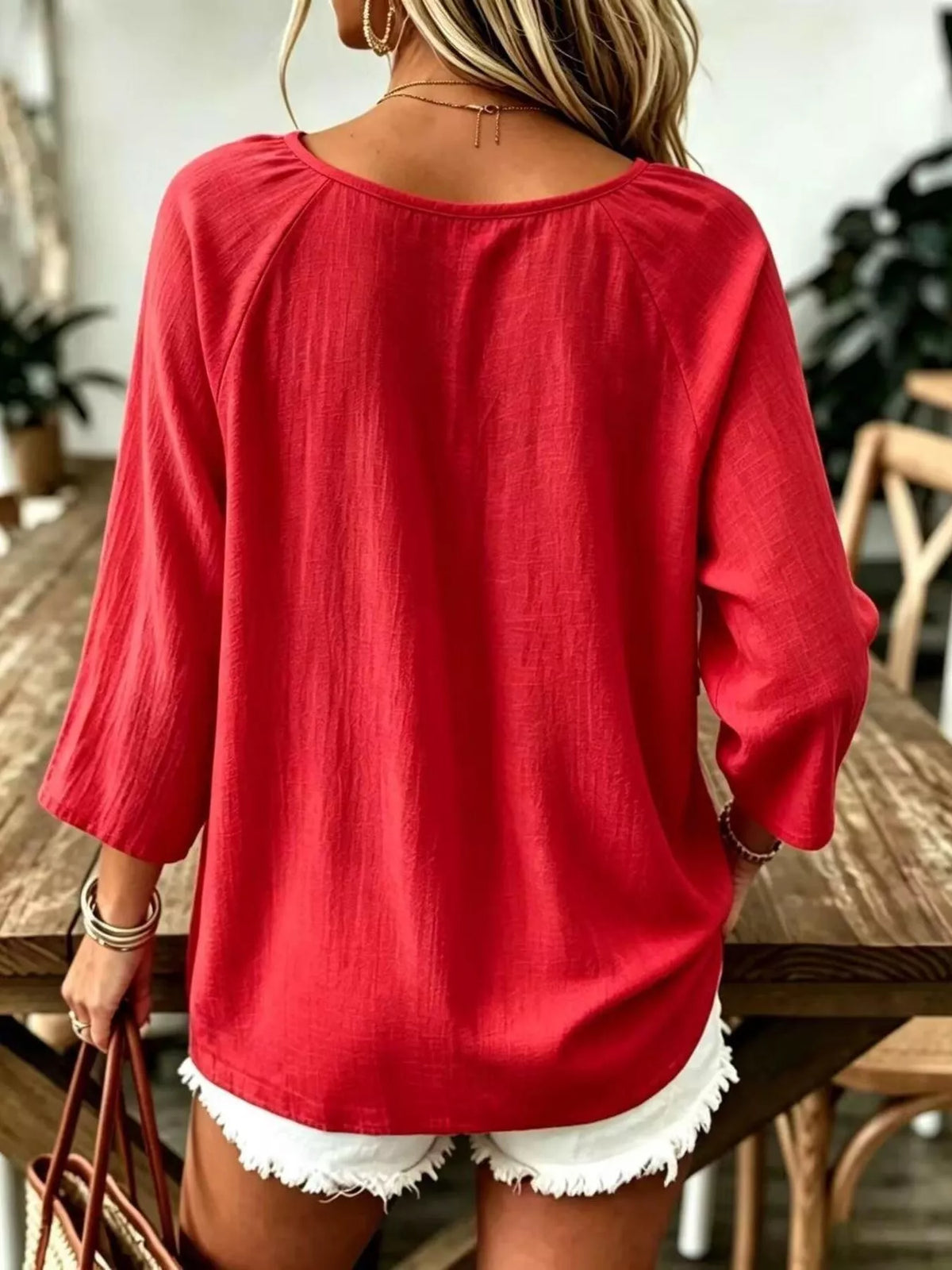 Textured V-Neck Casual T-Shirt, back view