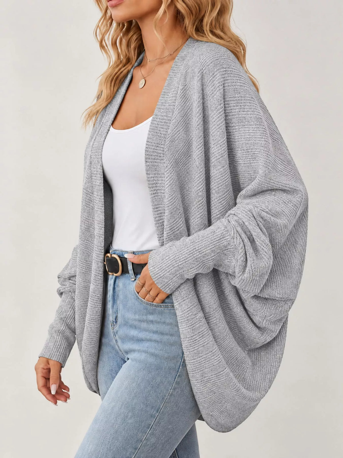 Light Gray open-front batwing sleeve cardigan