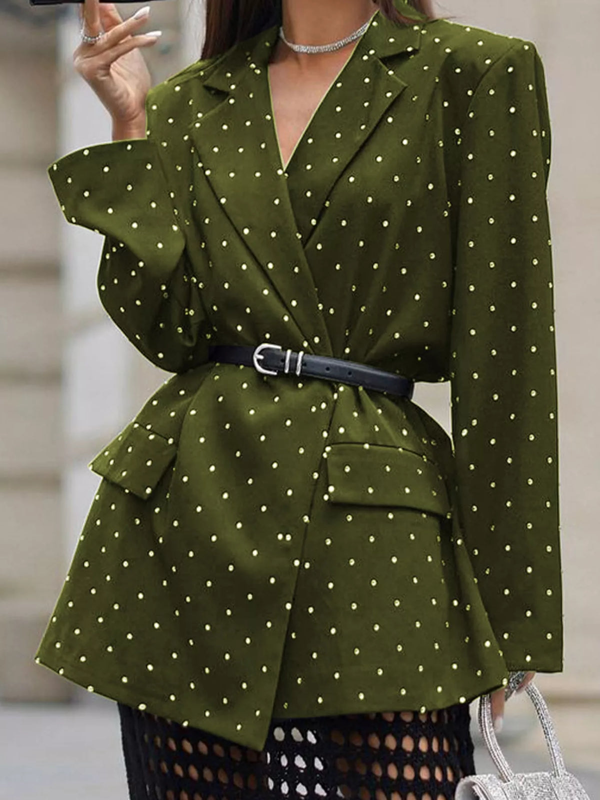 Collared long sleeve blazer, front view on model
