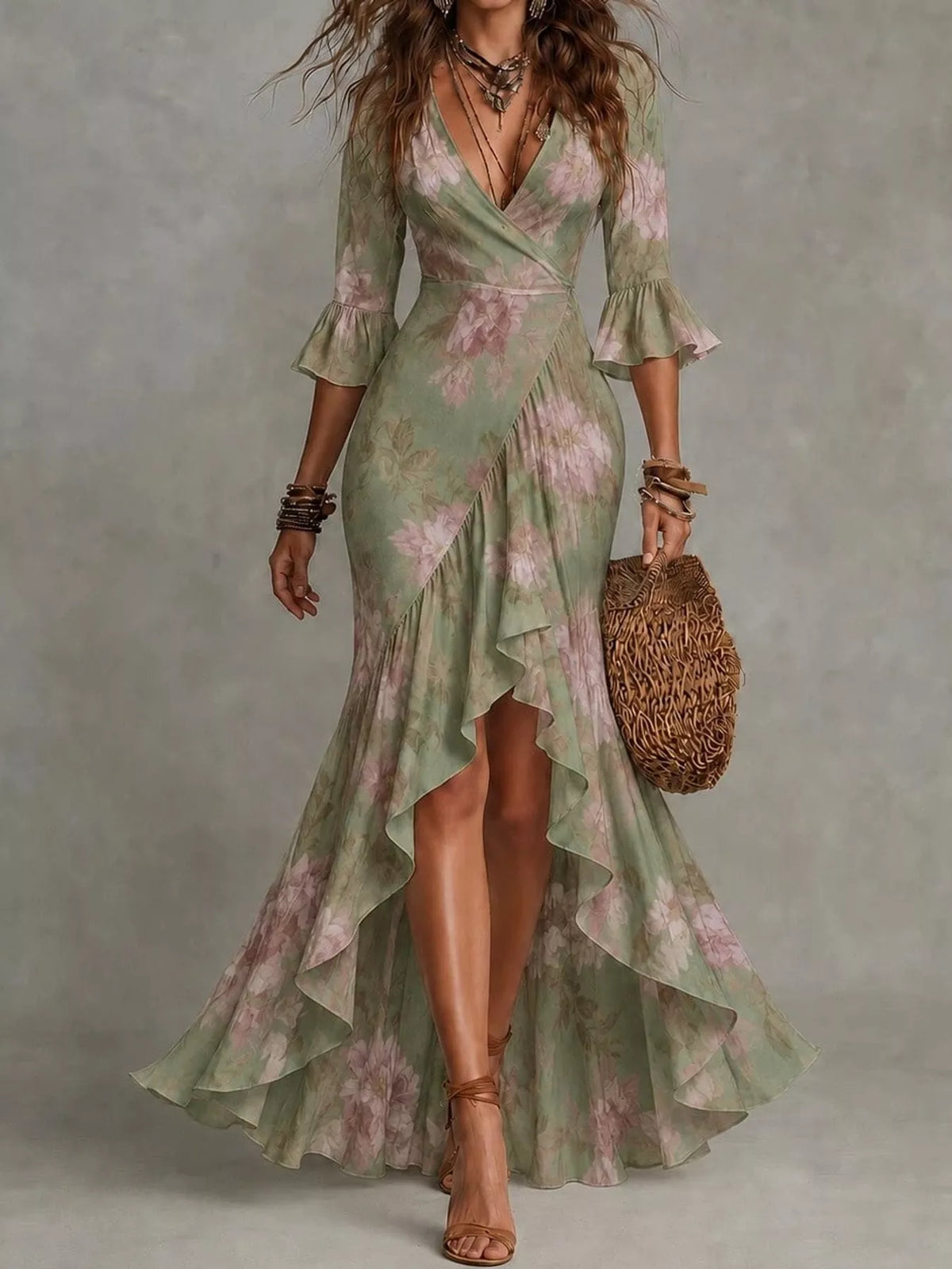 High-low maxi dress, green floral front