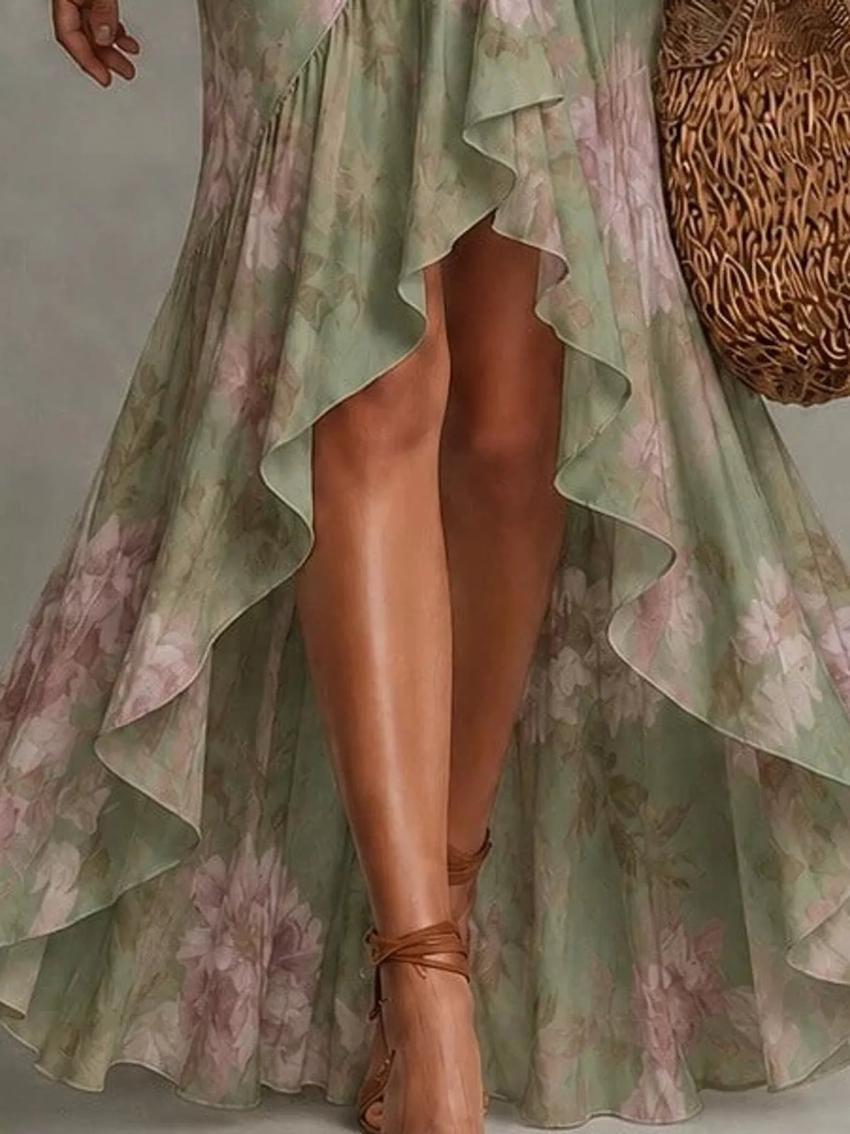 High-low maxi dress, green floral high-low hem