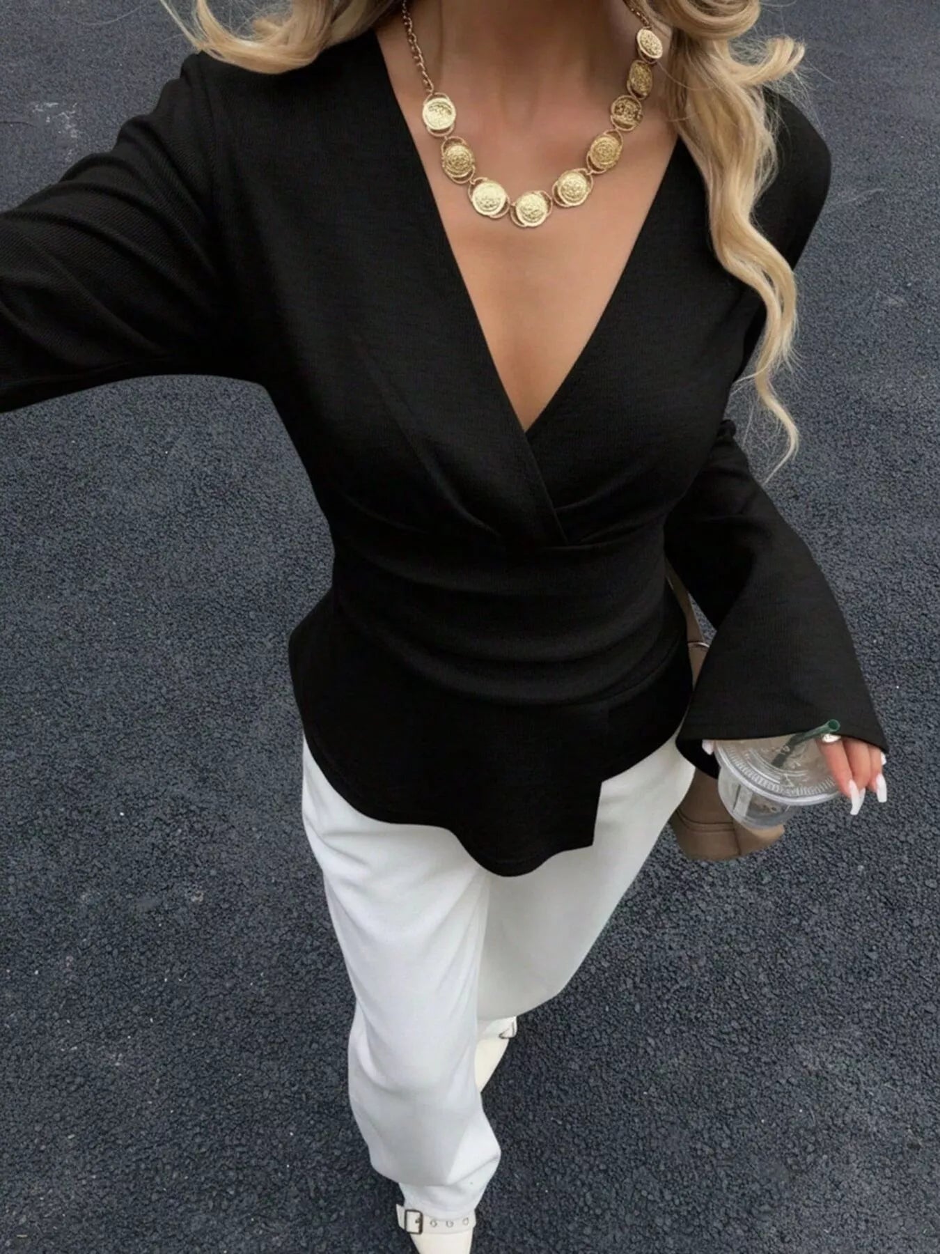 Trendsi Wrap-Front Long Sleeve T-Shirt -