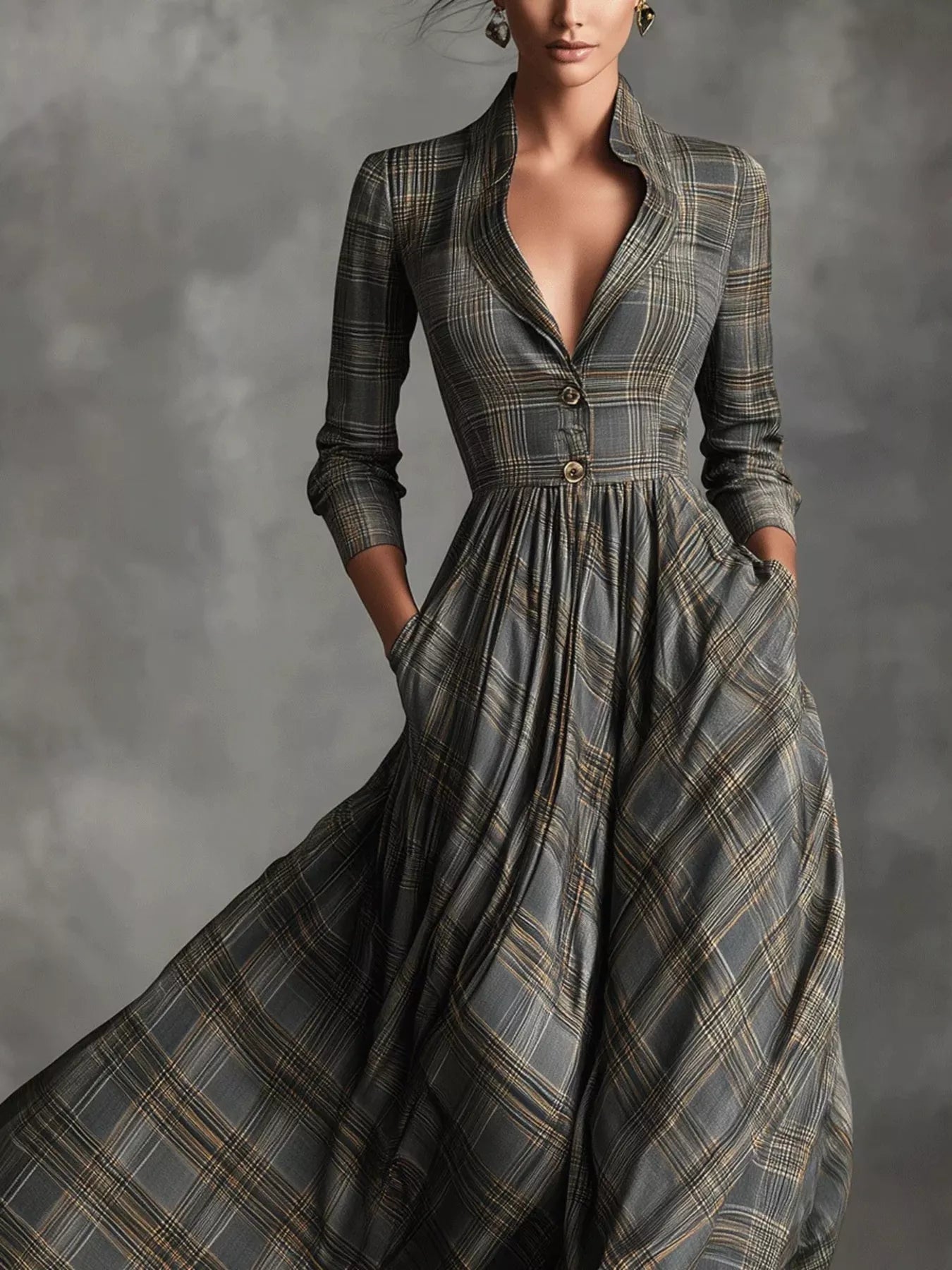 Trendsi Plaid Lapel Maxi Dress with Pockets -