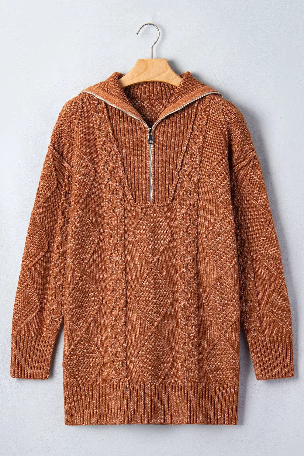 Trendsi Zip-Up Cable Knit Drop Shoulder Sweater Dress -