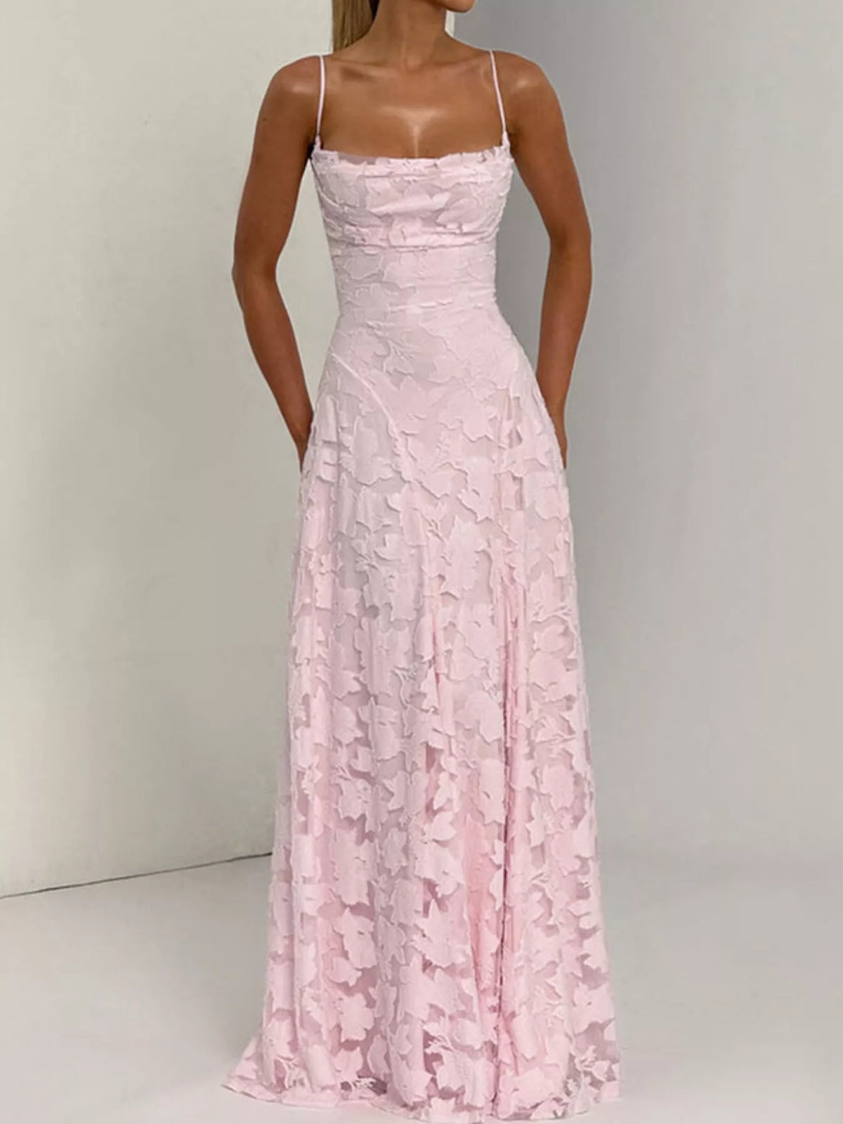 Cowl neck spaghetti-strap maxi dress, front view on model