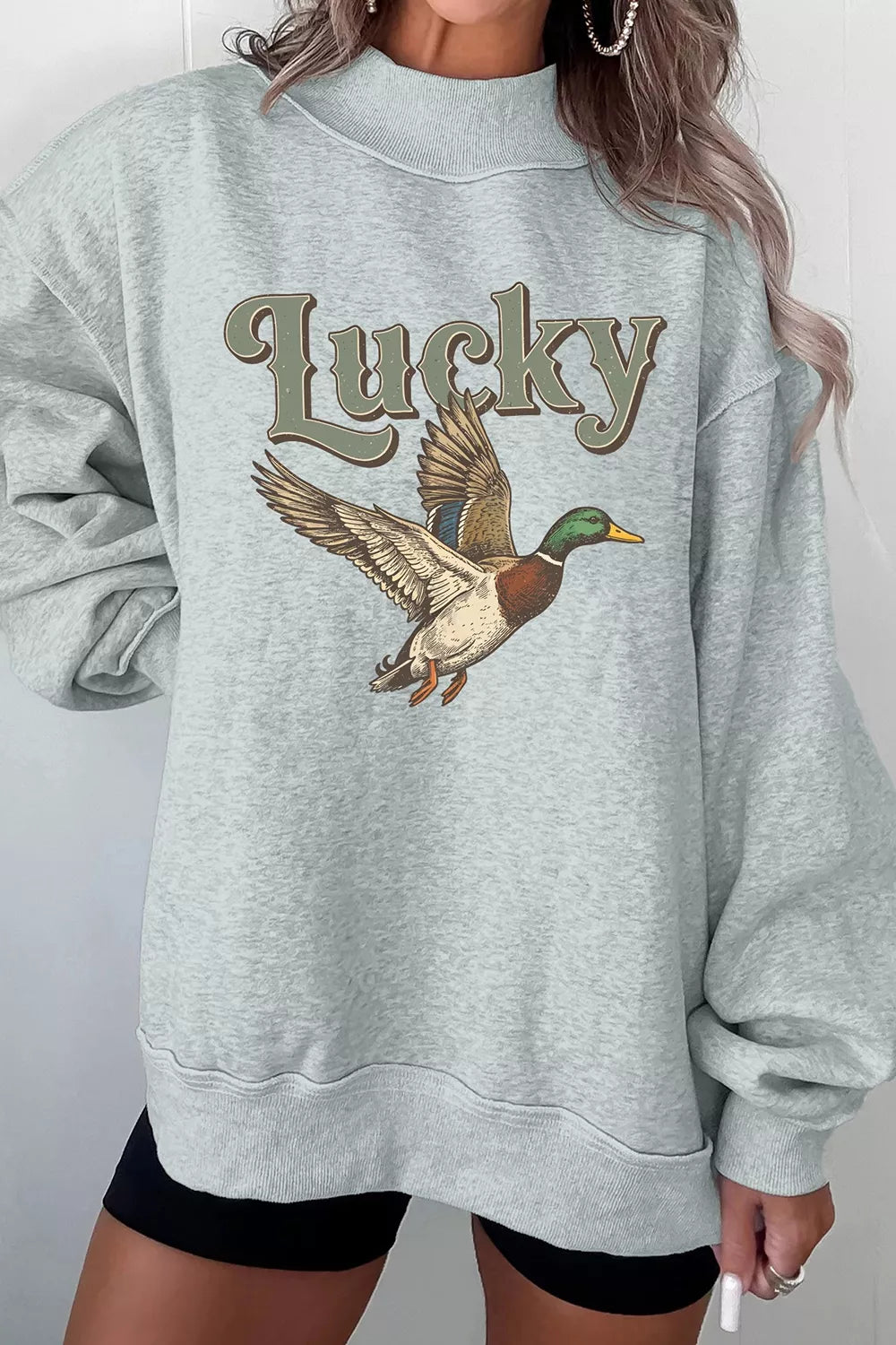 Gray lucky mallard graphic mock-neck sweatshirt, mallard graphic front view.