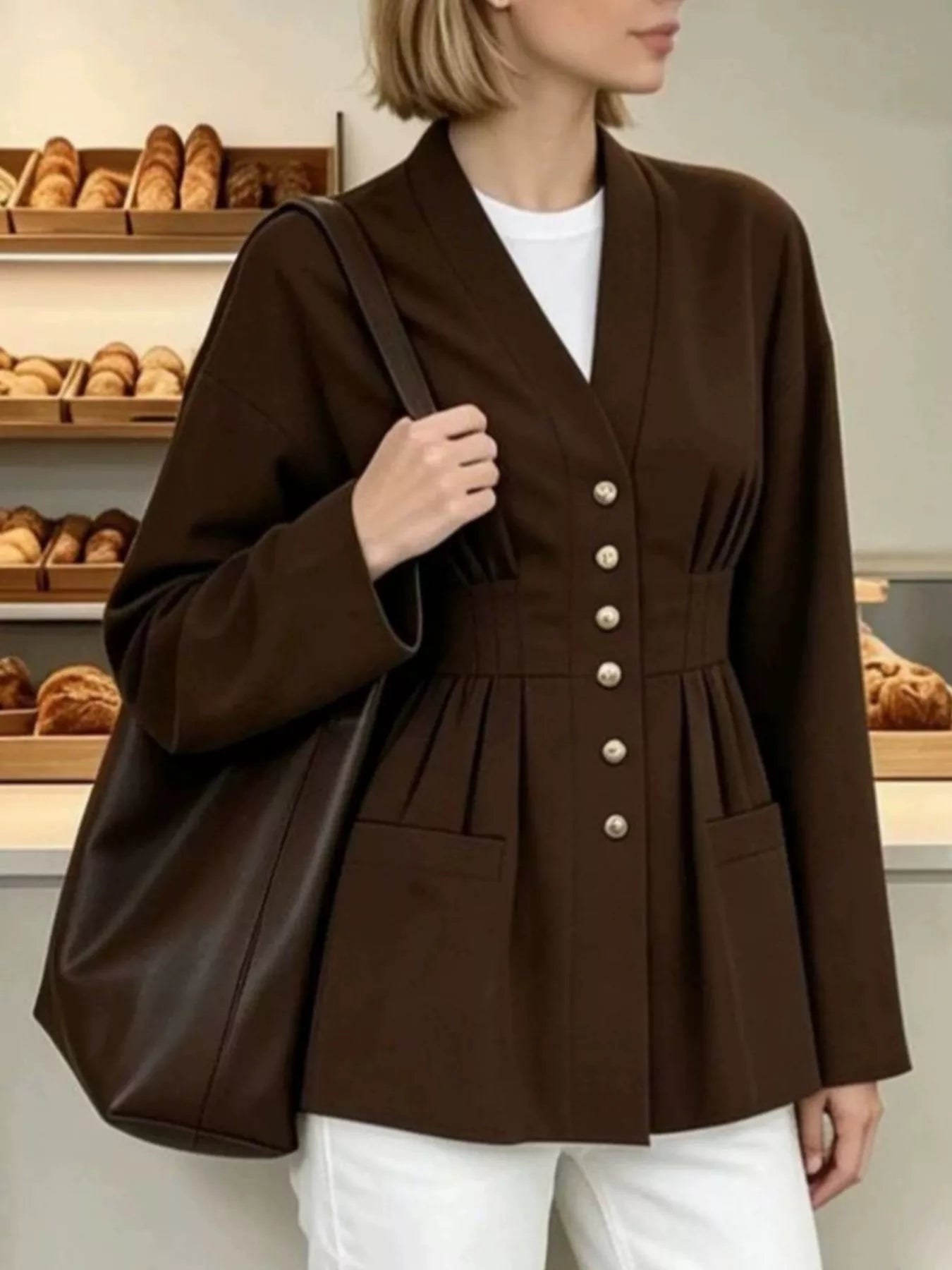 Trendsi Pleated Waist Blouse with Button Detail -