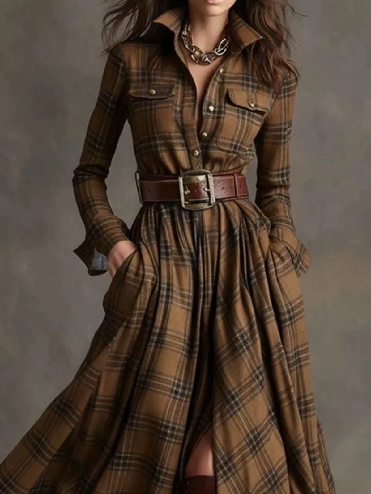 Vintage Plaid Button-Down Maxi Shirt Dress in brown