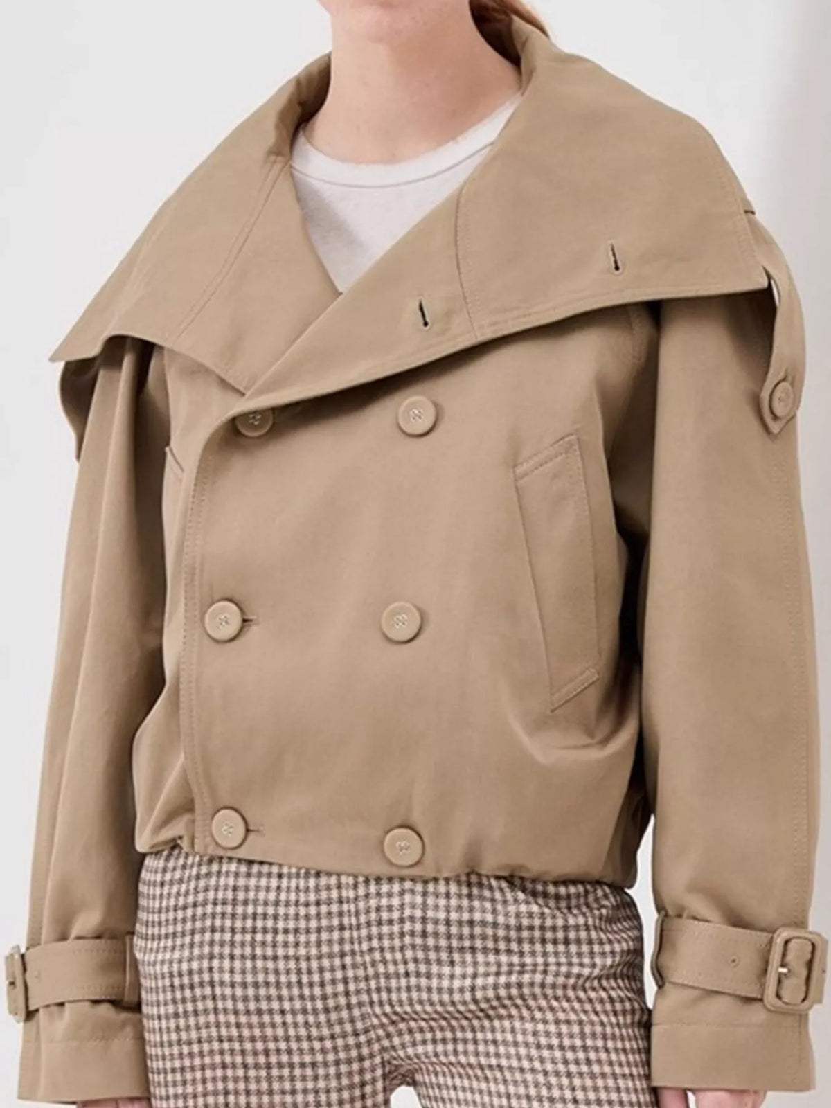 Women's Double-Breasted Cropped Trench Jacket in camel — front view