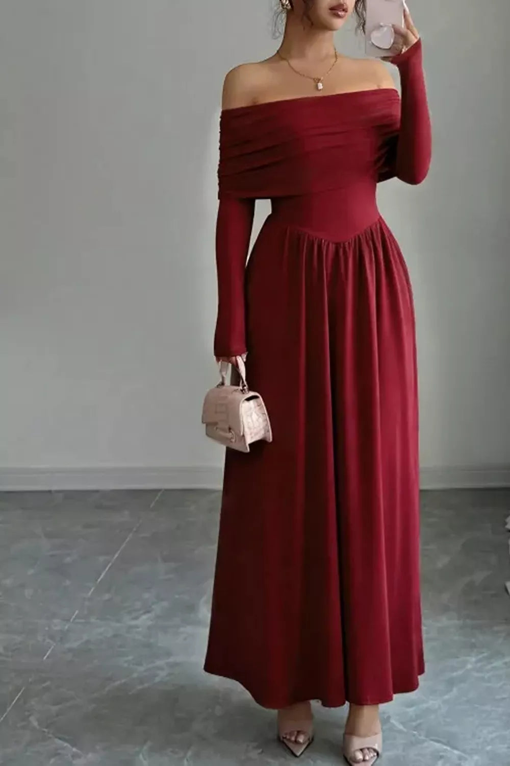 Trendsi Off-Shoulder Ruched Bodycon Maxi Dress -