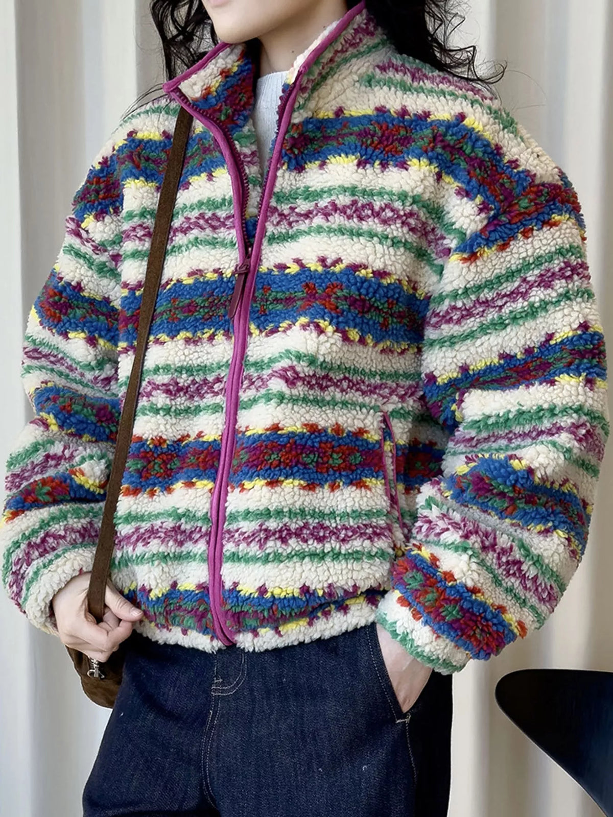 Multicolor colorful patterned sherpa zip up jacket, front view