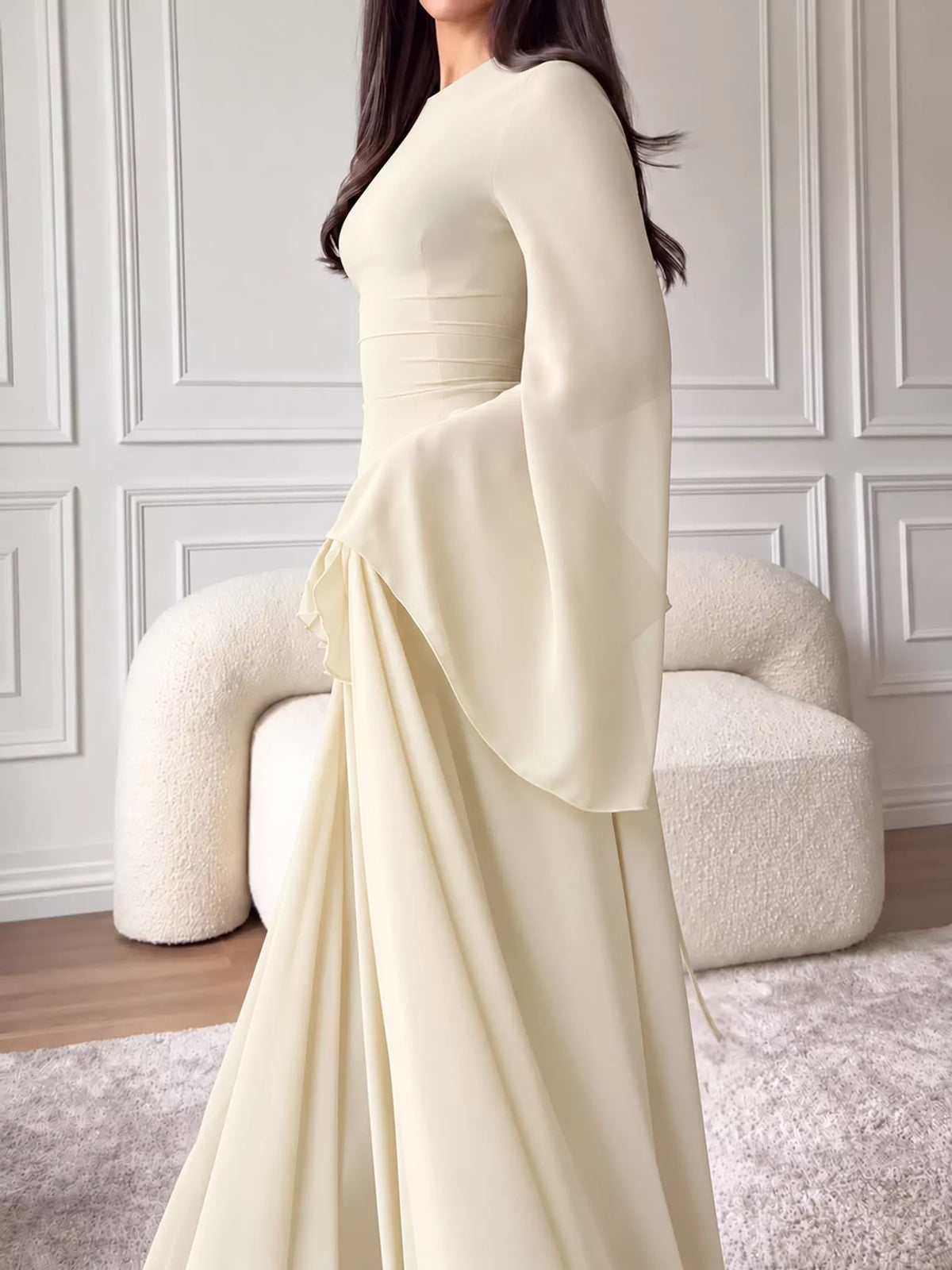 Ivory ruffled flare sleeve maxi dress, side view