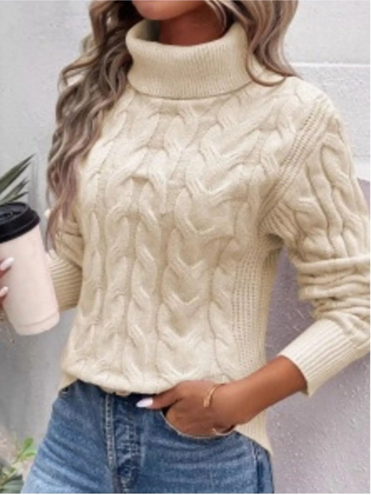 Women's Cable-Knit Turtleneck Sweater in Pink, front view