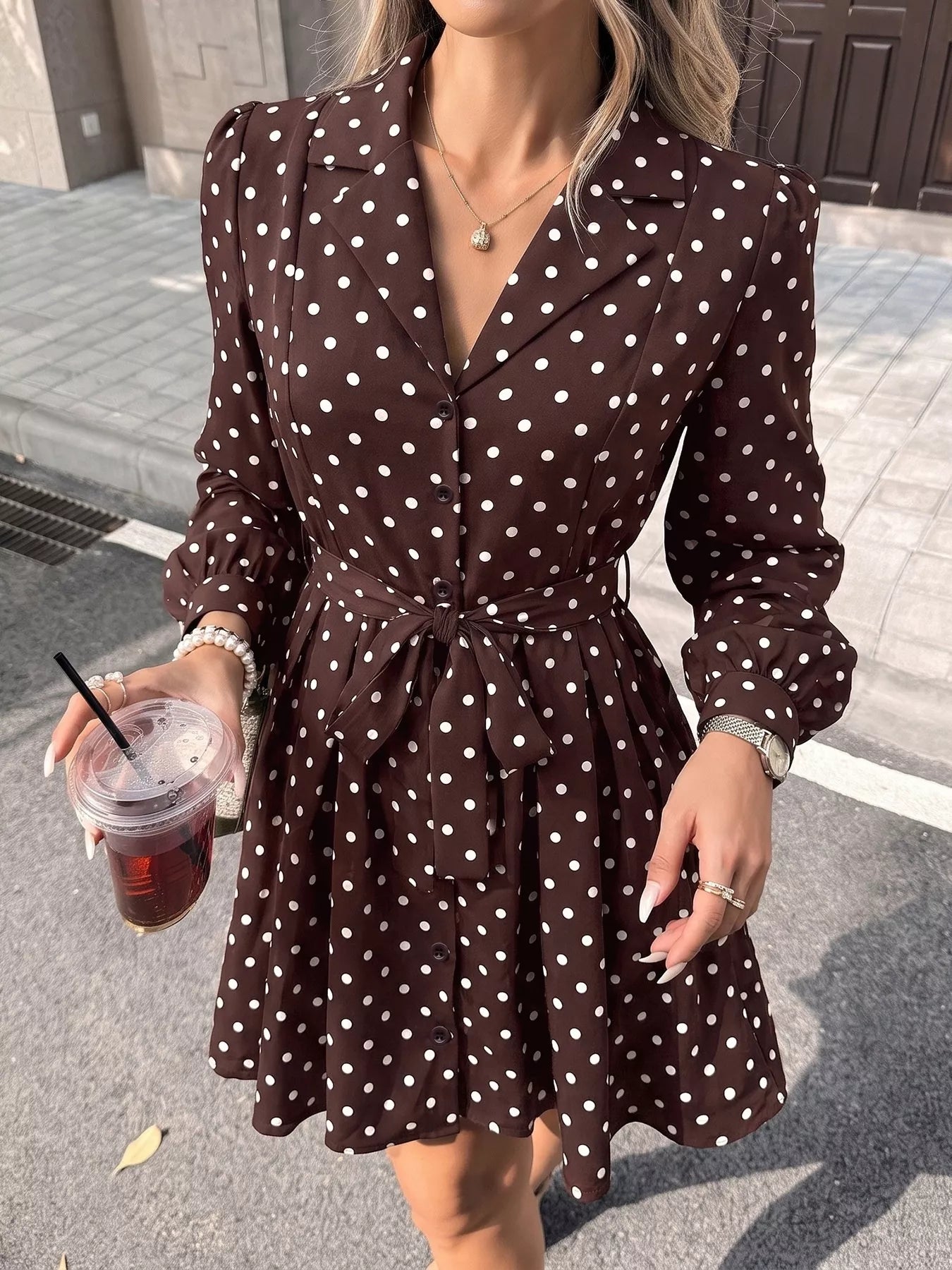 Trendsi Polka Dot Long Sleeve Shirt Dress -