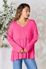 Trendsi Double Take Half Button Long Sleeve Ruffle Hem Blouse - Pants