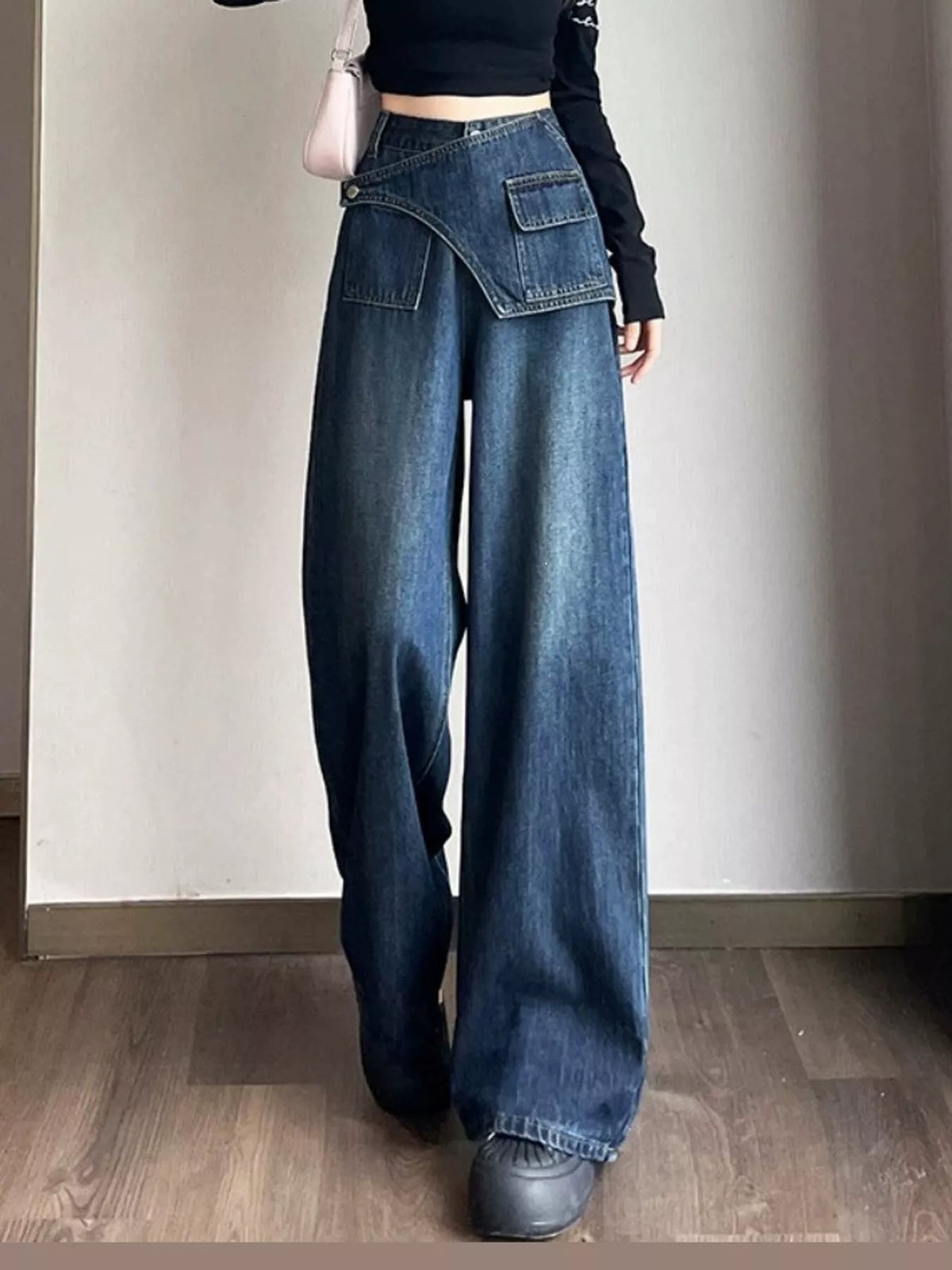 Asymmetric Waist Wide-Leg Jeans — front view