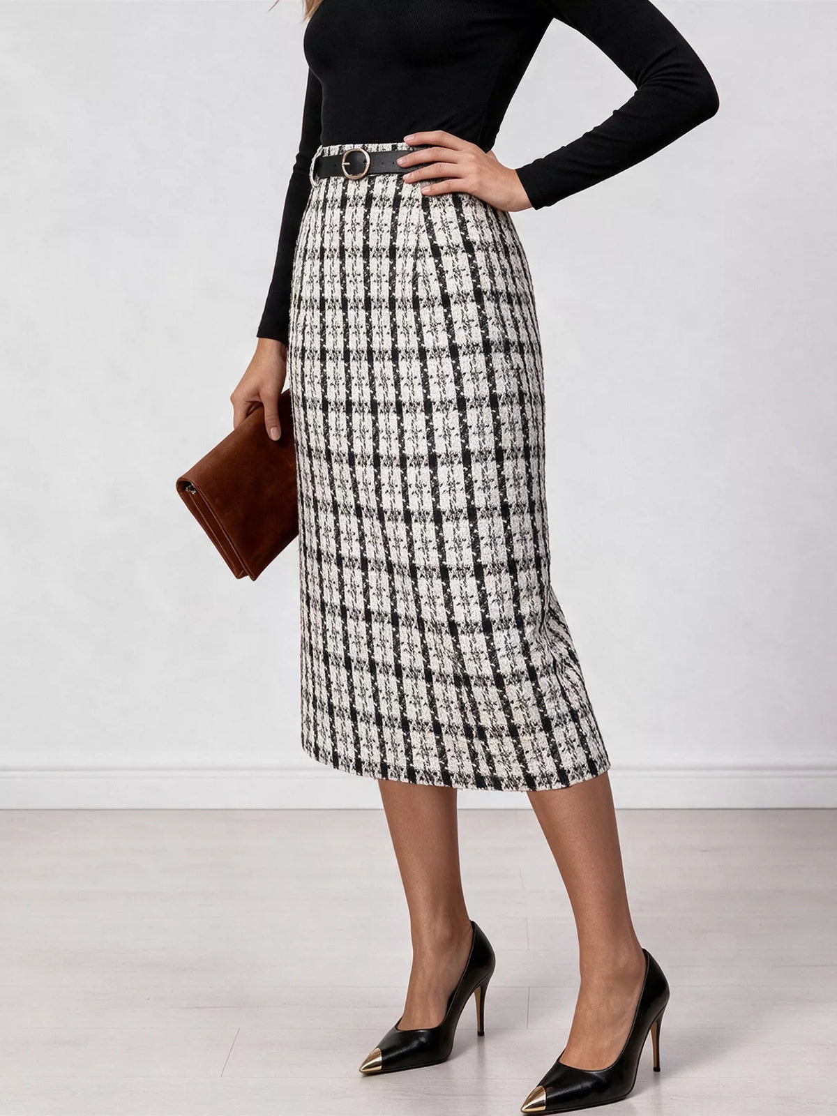 Black and white plaid midi skirt, side view