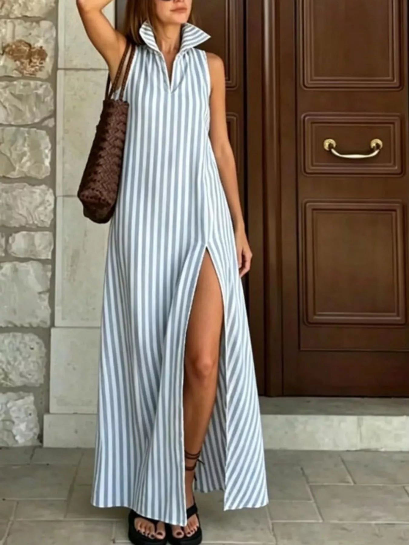 Trendsi Full Size Striped Maxi Dress with High Slit Plus Size -