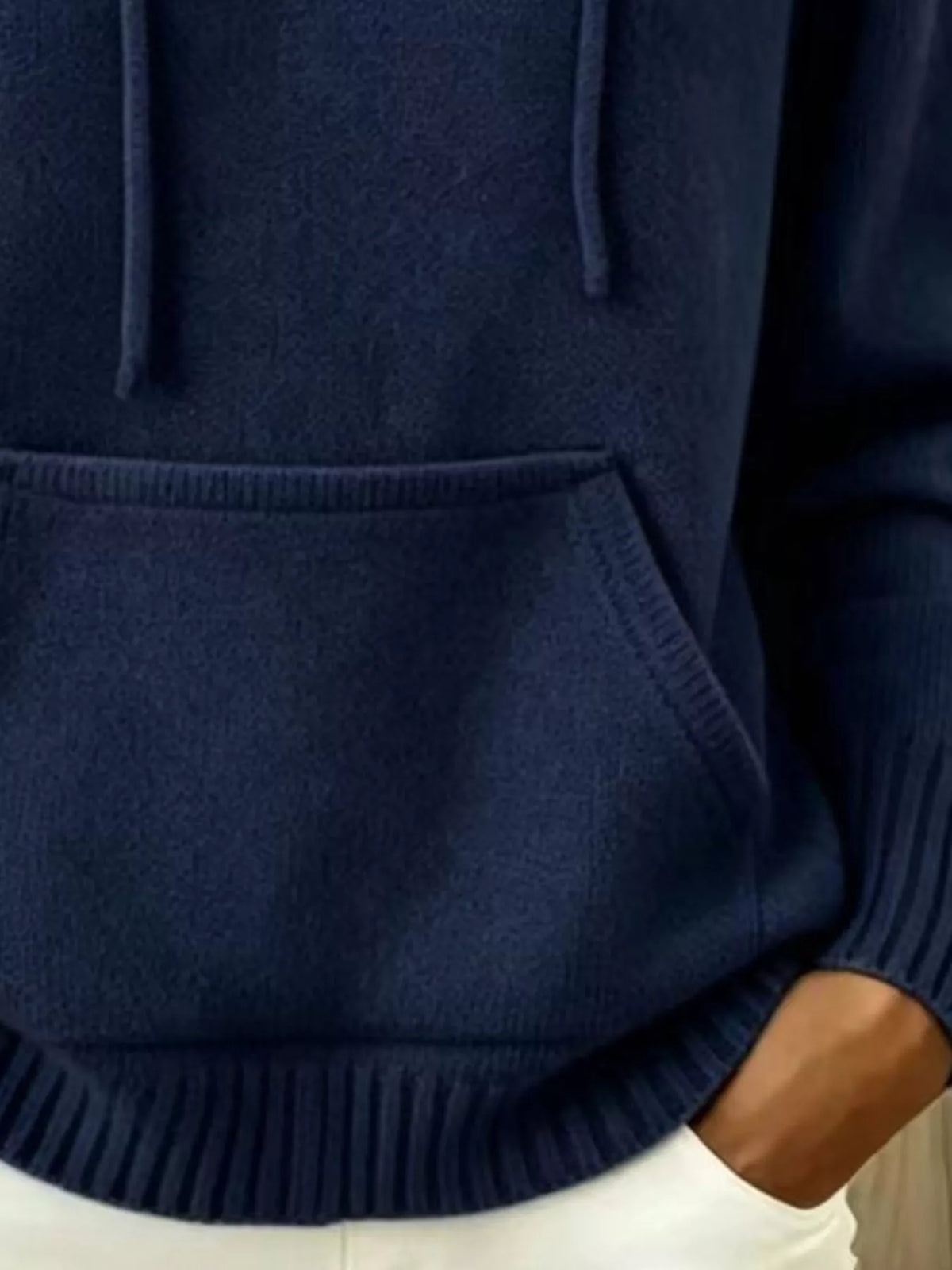 Women's Drawstring Kangaroo Pocket Hooded Sweater in navy — pocket detail view