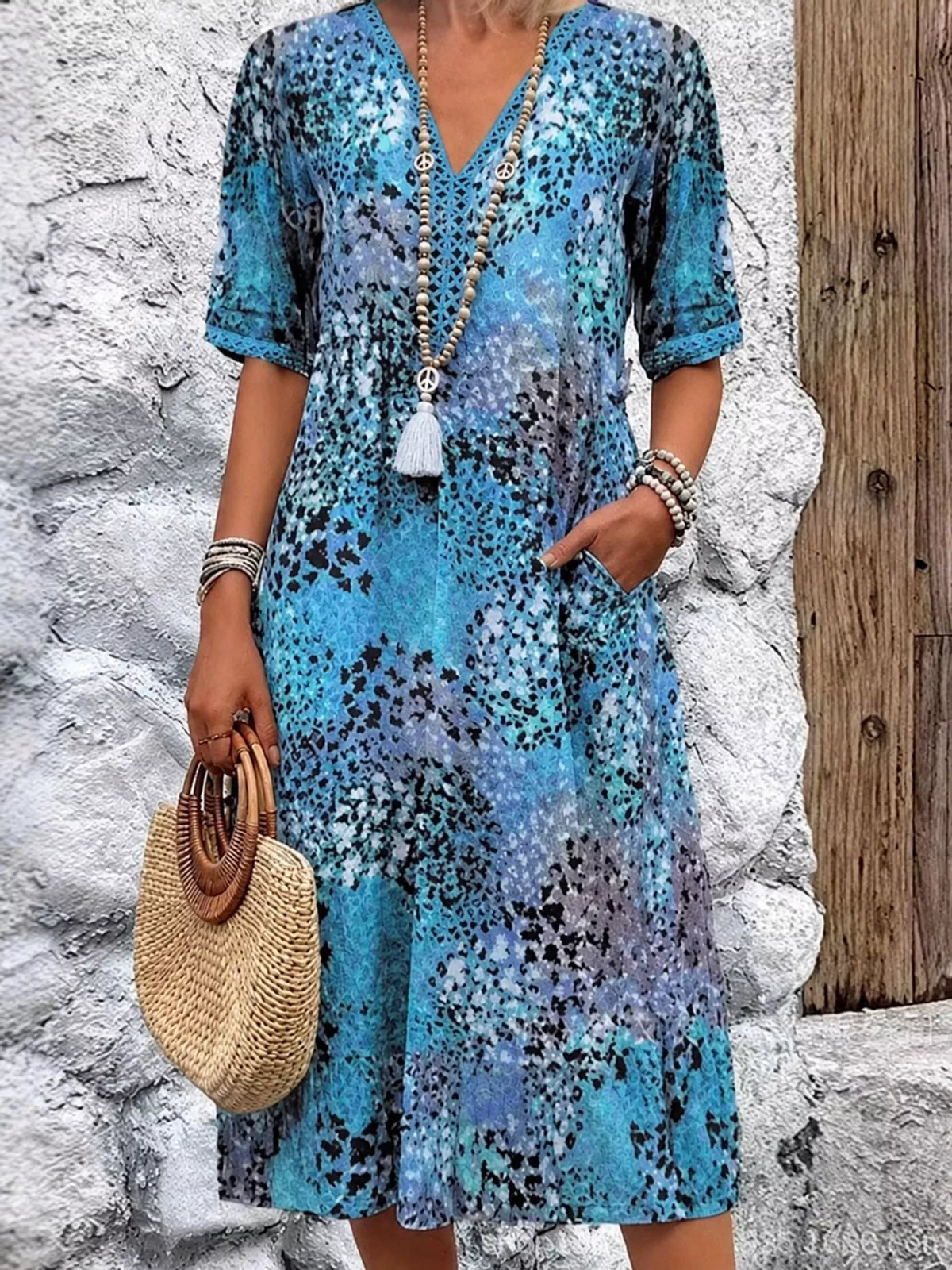 V-neck 3/4 sleeve knee dress, front view on model