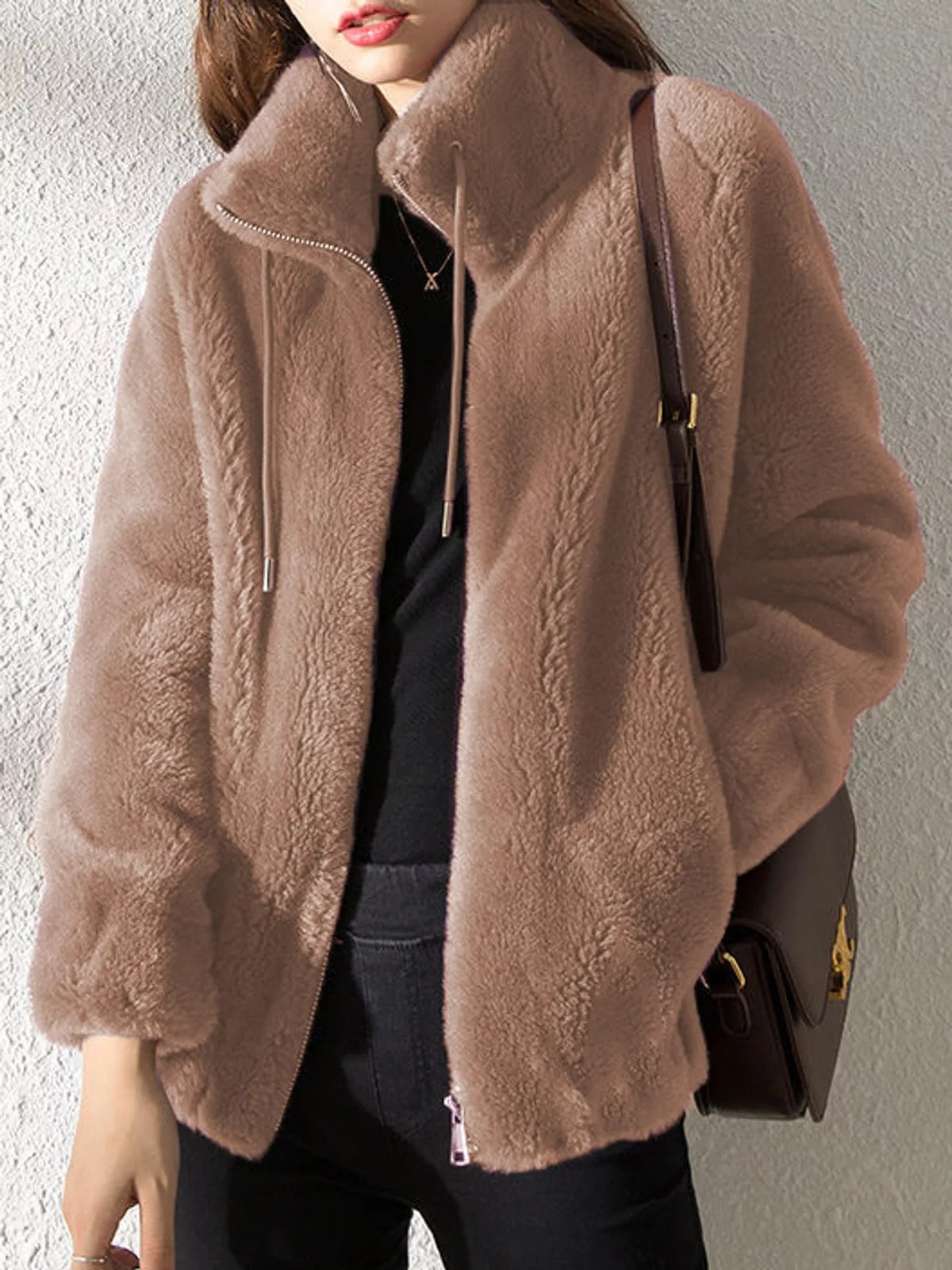Faux-fur jacket, beige front
