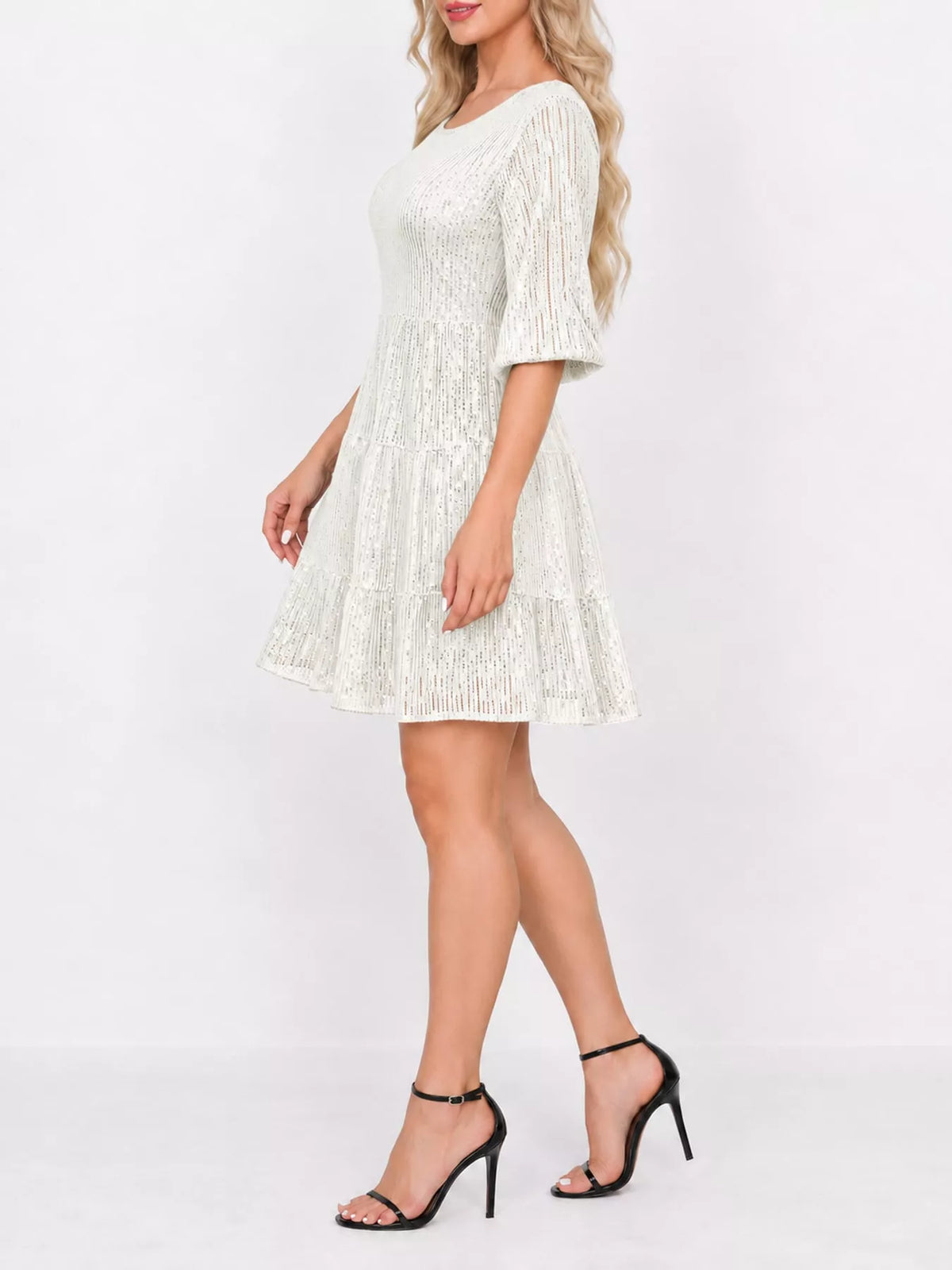 Round neck 3/4 sleeve mini dress, side view