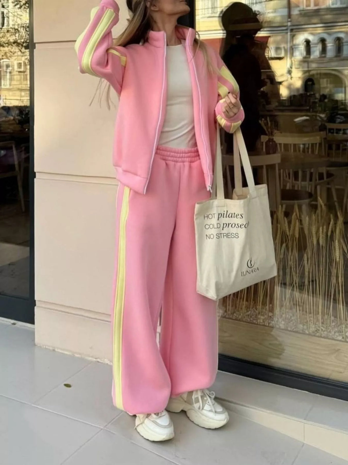Trendsi Contrast Striped Zip Up Top and Pants Set -