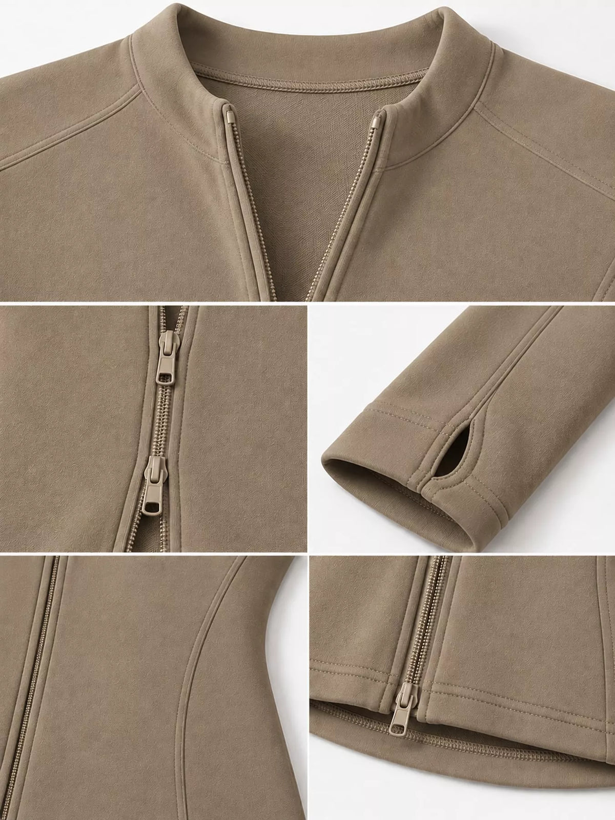 Taupe slim-fit zip-up long sleeve jacket — design and construction details