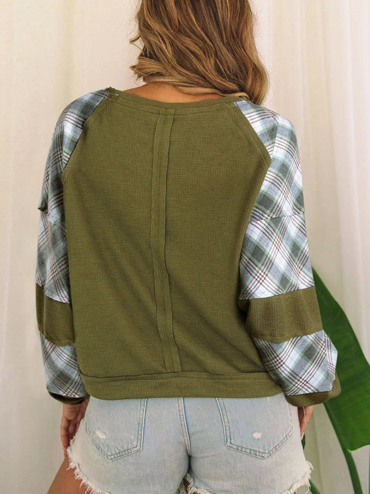 Mallard print plaid patchwork waffle knit top, back view