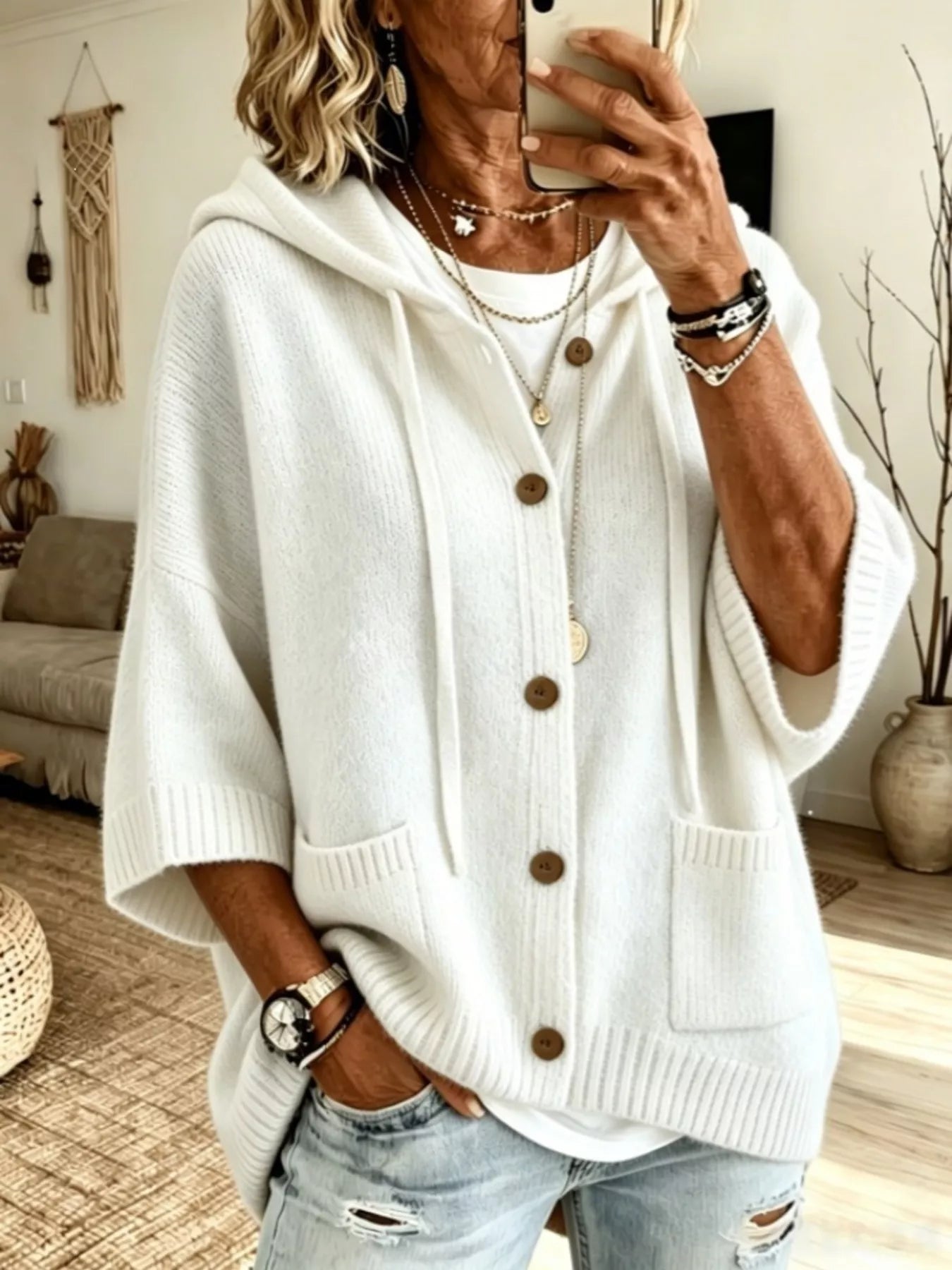 Trendsi Hooded Button-Down Knit Cardigan -