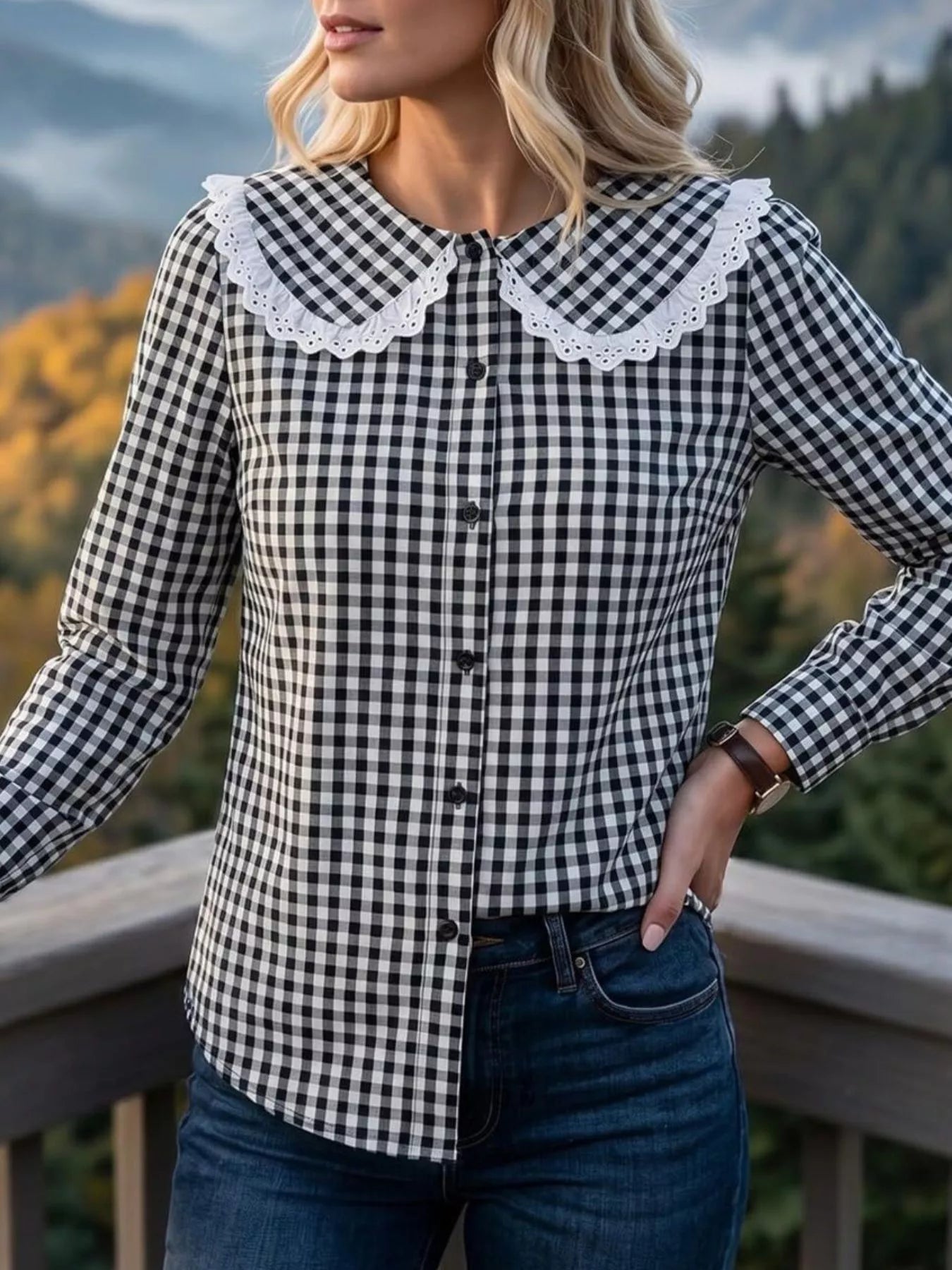 Trendsi Lace Peter Pan Collar Button Up Shirt -