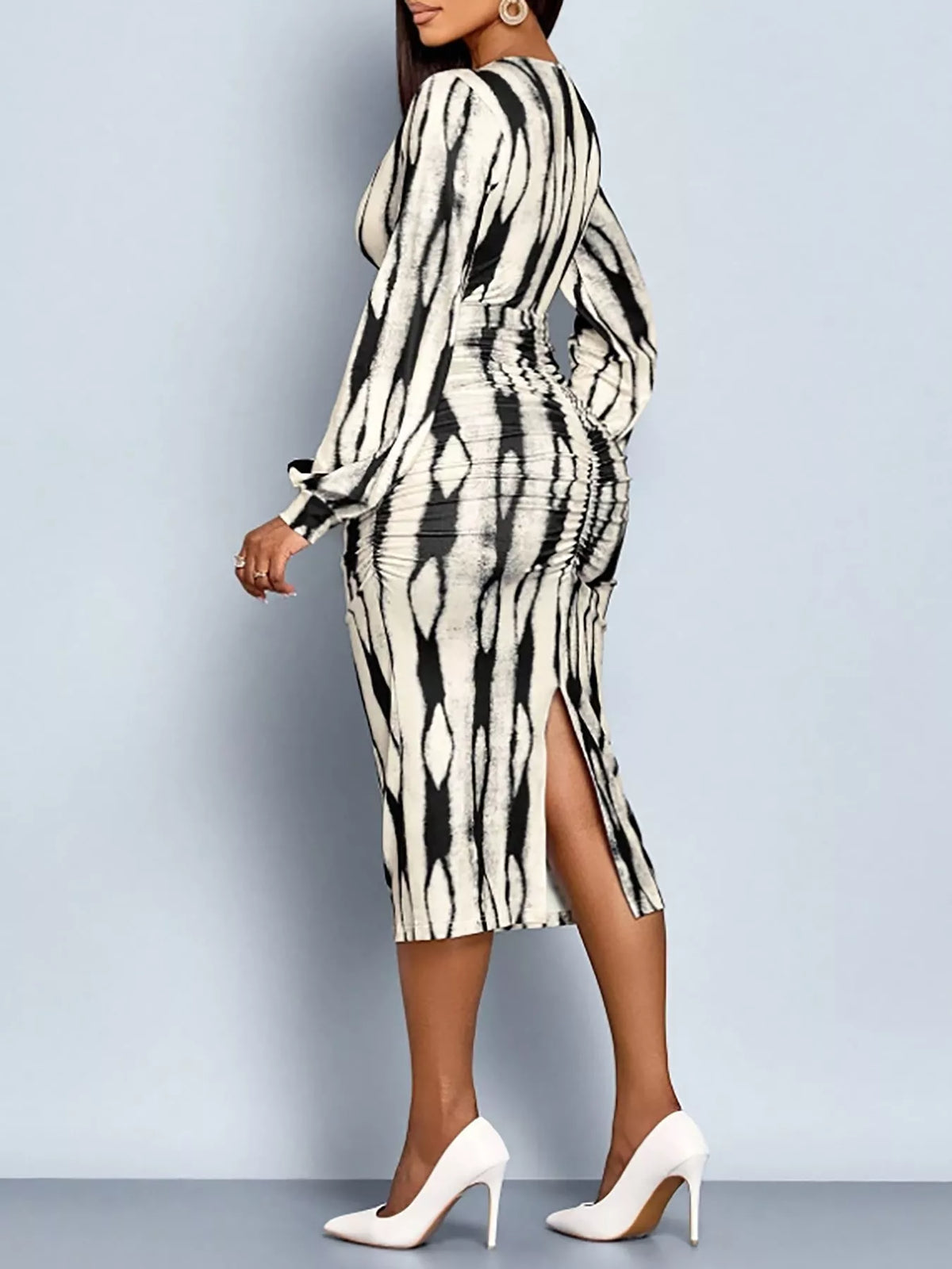 Women's Lace Detail V-Neck Bodycon Midi Dress in black and white — back view