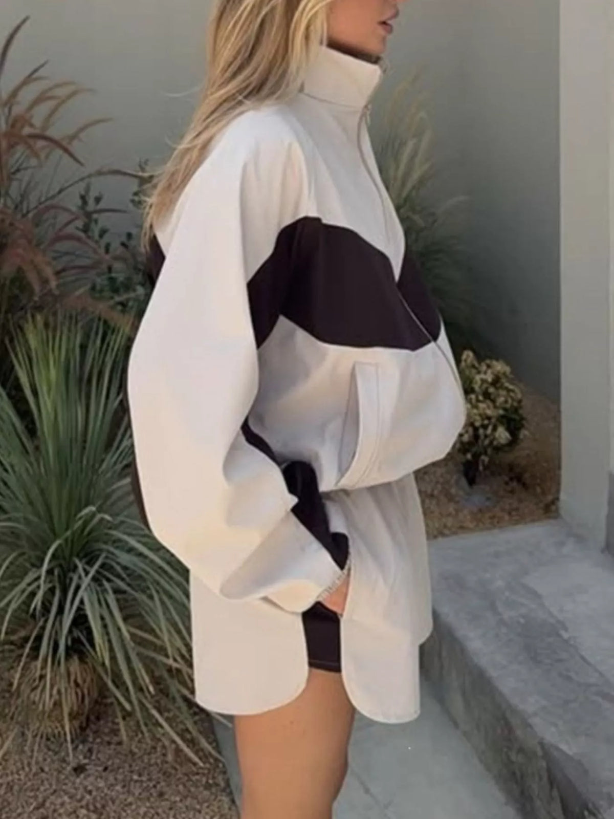 Trendsi Color-Block Zip-Up Jacket and Shorts Set -