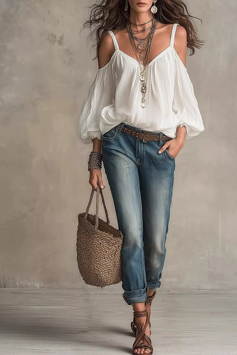 Trendsi Cold Shoulder Balloon Sleeve Blouse -