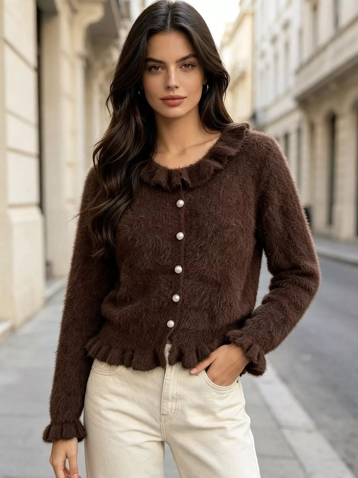 Brown fuzzy ruffle-trim button-front cardigan, standing front view.