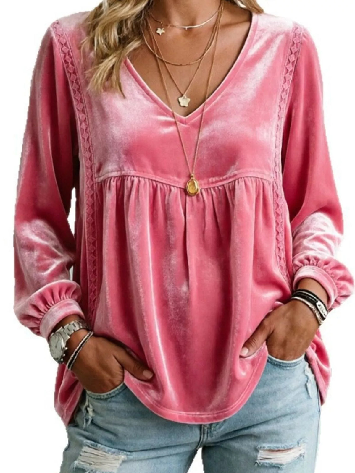 Women's V-Neck Long-Sleeve Velvet Blouse with Lace Trim — alternate view 24