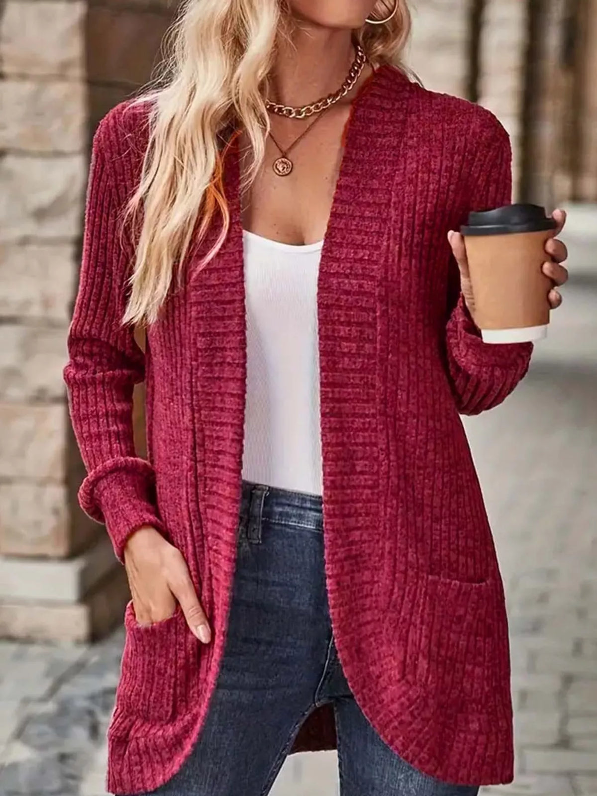 Ribbed Knit Open Front Cardigan with Pockets — front view