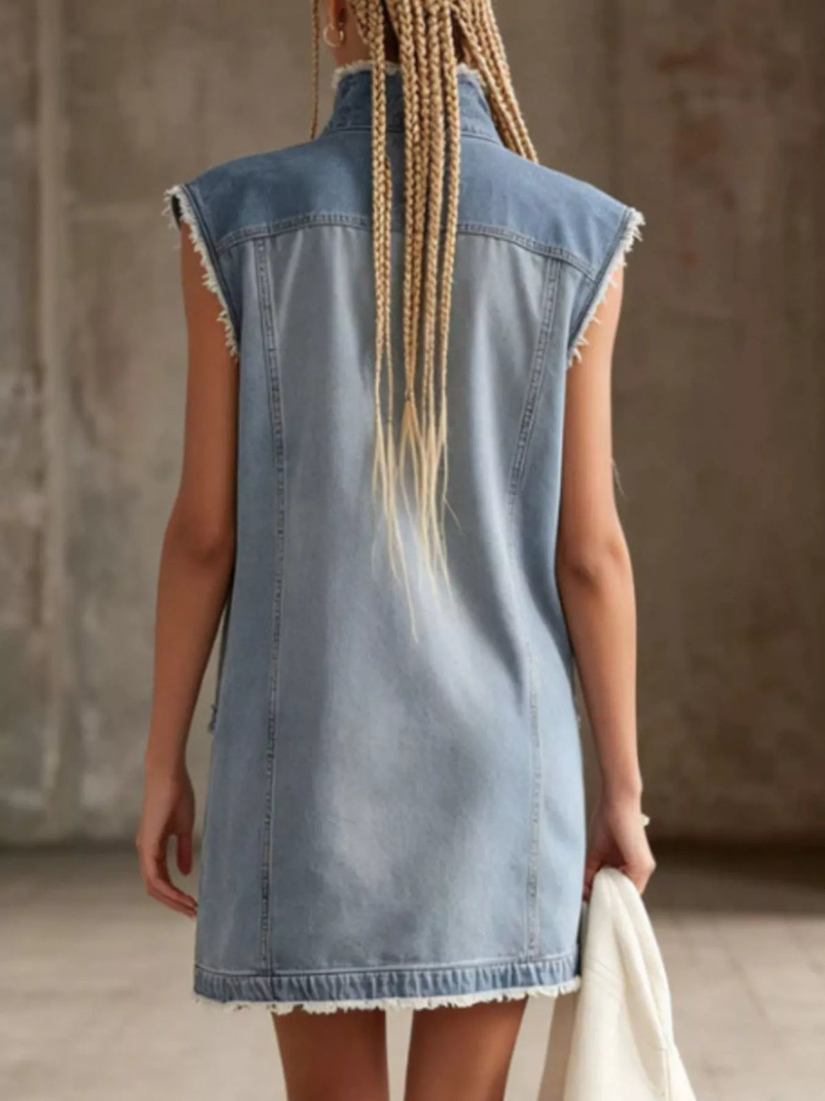 Sleeveless frayed-hem zip-front denim mini dress