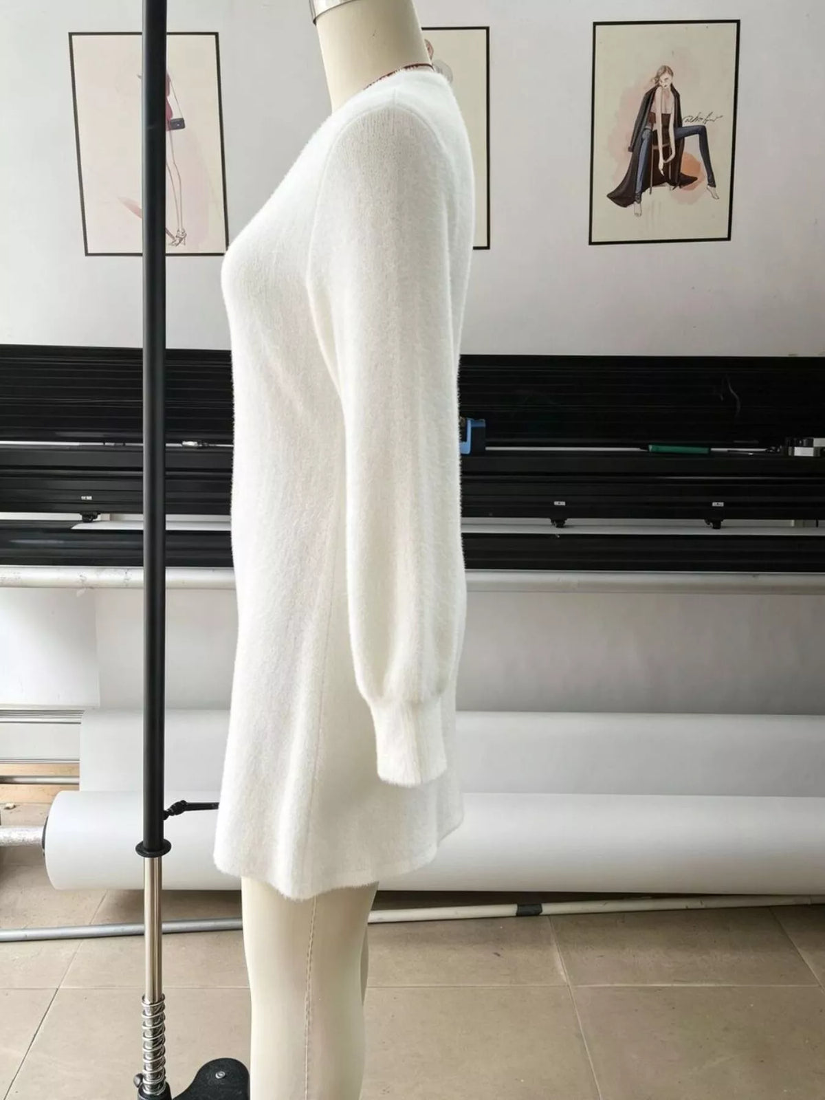 Fuzzy sweater dress, white mannequin side